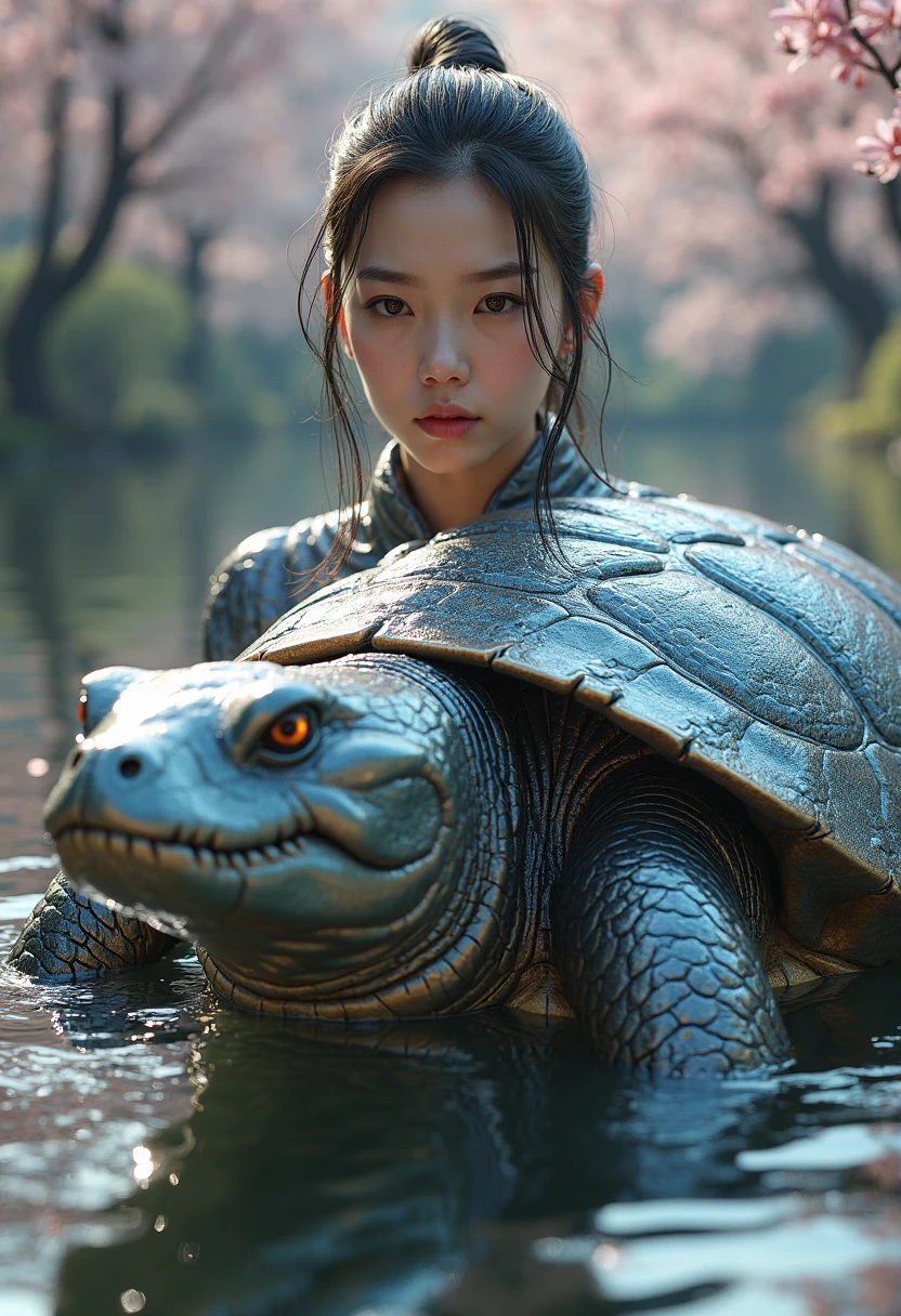 Hyper-realistic photo of a young Korean woman, by Brawlhalla, transforming her stylized design into a realistic and detailed version. The woman is characterized as a majestic and powerful Macrochelys temminckii, with metallic and shiny light effects that reflect realistic ambient light. Super detailed, with color variations between shades of silver, blue and black, with subsurface scattering effects to simulate light penetrating the woman. Realistic iris and pupil detailed eyes. Organic grooves and textures. The background should be an epic environment, such as a Japanese spring with cherry blossoms. Use global lighting (global illumination) to highlight the volume and depth of the scene, with soft shadows and precise reflections. The composition should be dynamic, with the Imugi in a powerful pose, as if ready to attack, with subtle particle effects, rendering techniques such as sparks or mystical energy surrounding your body. 8k resolution, with a focus on ultra-realistic detail, using photorealistic and PBR (Physically Based Rendering) for materials and lighting.