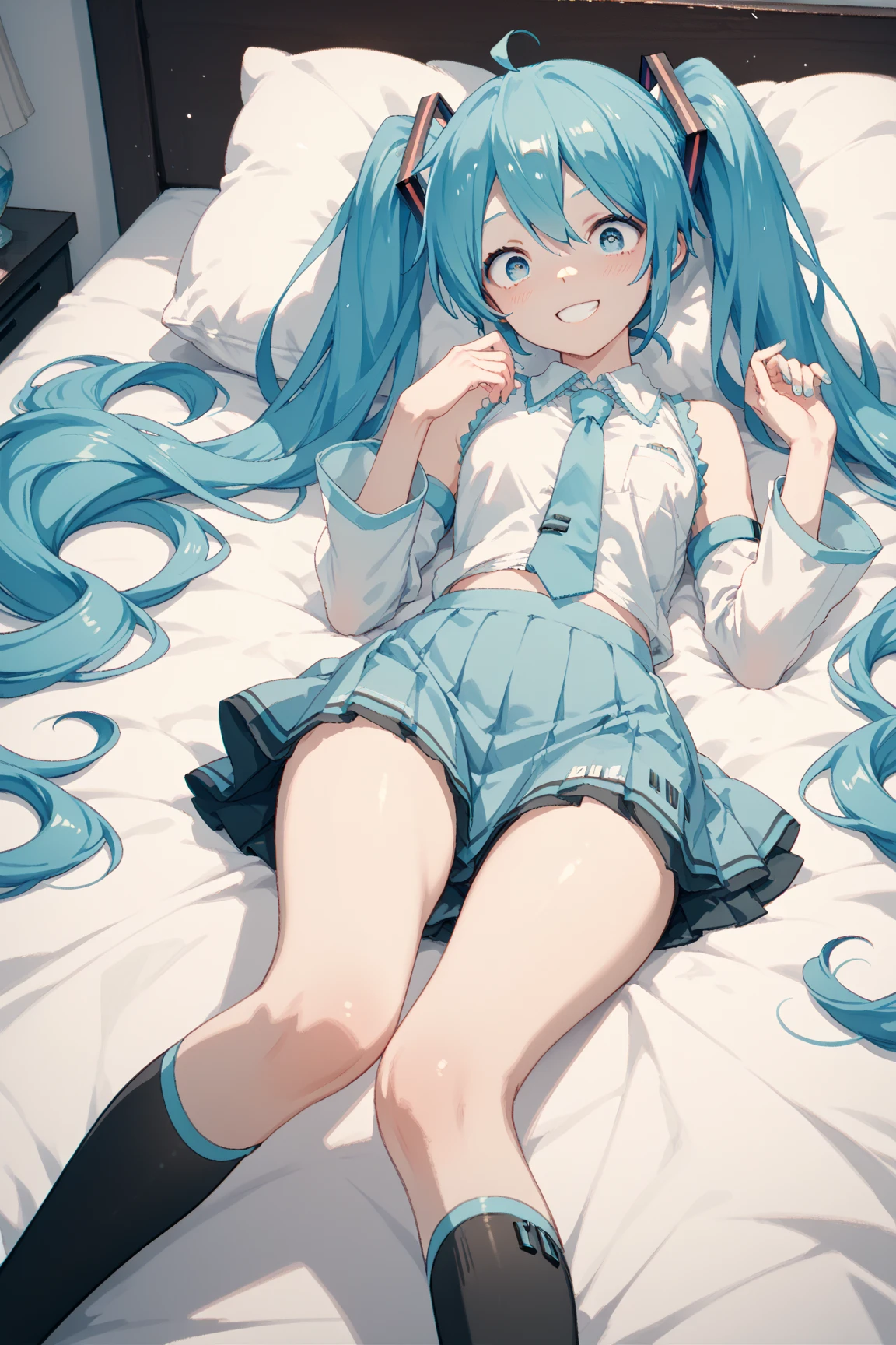 (masterpiece:1.4、Highest quality、shape:1.4,Realistic、)、(One Girl),(Clear Face:1.3),(Miku hatume),Cute face,blue eyes、(Big eyes)、
,(stand:1.4),(A radiant smile),
,(thin),(),
(Fluorescent light green long hair:1.6,,),(Twin tails), (Small breasts:1.3)、
、thin、Hatsune_Miku_Blue Archive、Sexy pose、Sailor suit、、uniform、bed、Bedroom、Are sleeping、Thighs