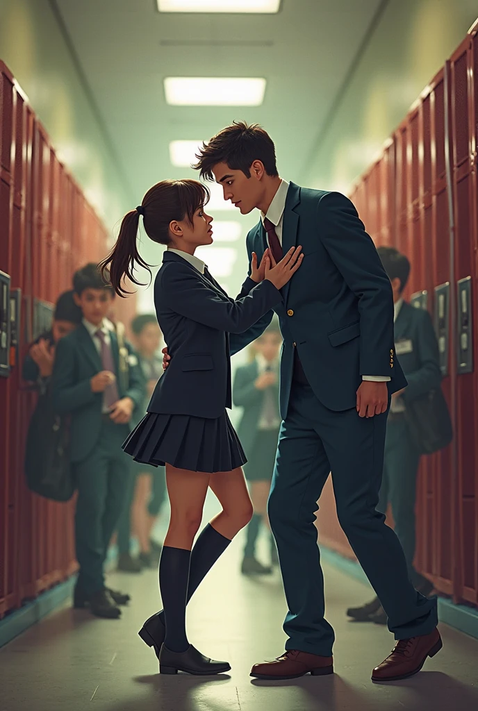 An incident occurred in a high school gymnasium. Sports equipment fell on a man and a woman. The girl is on top and the boy is on the bottom, and he holds her on his back, the boy and girl in uniform embraced each other and collapsed. the girl was not wearing a blazer, but a blouse and ribbon, and a pleated checked miniskirt. The boy on the bottom was wearing a blazer and navy blue trousers. she has a very large bust, her breasts hang just above the boy's face, he looked stunned, and the girl looked embarrassed.