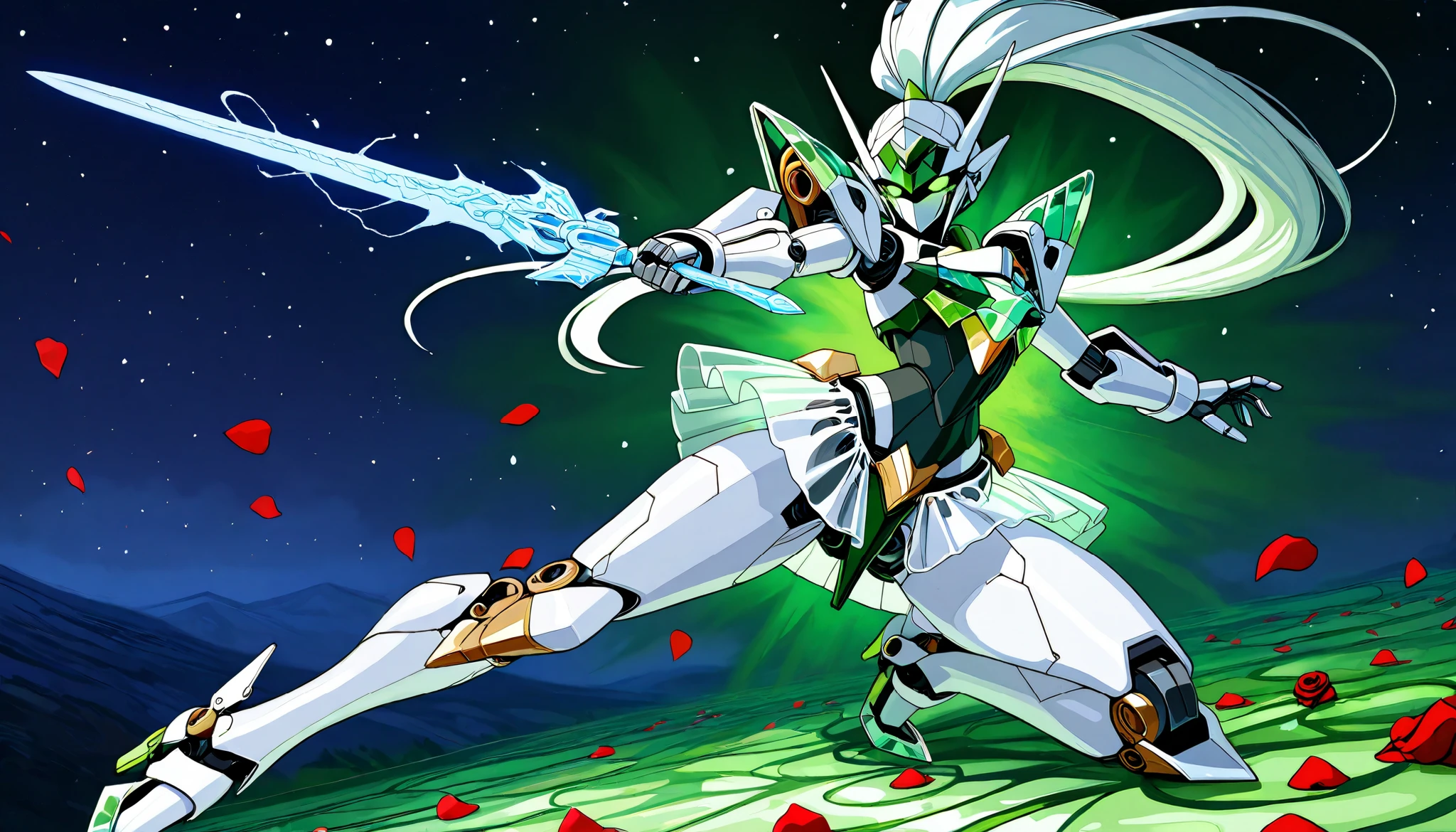 ((top quality)),( ultra high definition ),(very well detailed),( detailed description),(( best CG )),(masterpiece), Ultra Detailed Art ,Amazing Painting Art,(art with delicate details:1.5), Female Robot, Full mechanical mask with a beautiful pattern, long ponytail, shining emerald eyes, female mecha body, Mecha Knight Armor, Intricate engravings, clear skirt armor, elegant leg armor, Night sword that emits powerful energy waves, Rose Petals , Dynamic Action, dynamic pose