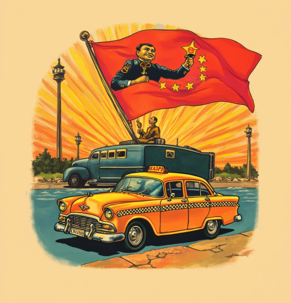 Prompt: ((best quality)).((ultradetailed)). ((masterpiece)), illustration, 1980s Beijing hutong, Donald Trump, riding in a pedicab.