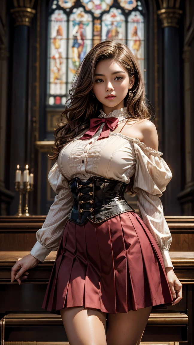 Woman portrait、Highest quality、Rear view、8k, clear, Fine skin、Clear, beautiful eyes、Cleavage、The beauty of a smile、whole body,Curly Hair、My hair was messed up by the wind、(Glamorous Muscle、tall、Mature Woman),(Hip_superior, Hip superior), Beauty,( Watching the audience),Realistic, High resolution, Soft Light,1 female, One person,blonde hair,Long Hair,Fine Skin, Naughty look,Steampunk style girl、Costumes decorated with lots of gear and watches,(White, brown, silver, red and dark brown checkered stripes,Sailor-style armor with Burberry check collar)、Beautiful Steampunk Guild Staff Costume Banker Uniform,(White and brown and silver and red and dark brown checkered steampunk white steampunk steampunk ta fashion、Hawaiian pattern、,gyaru、 High-tech Mecha,wrist cuffs、High leg)、((arms behind back)),(bokeh),(studio lighting)