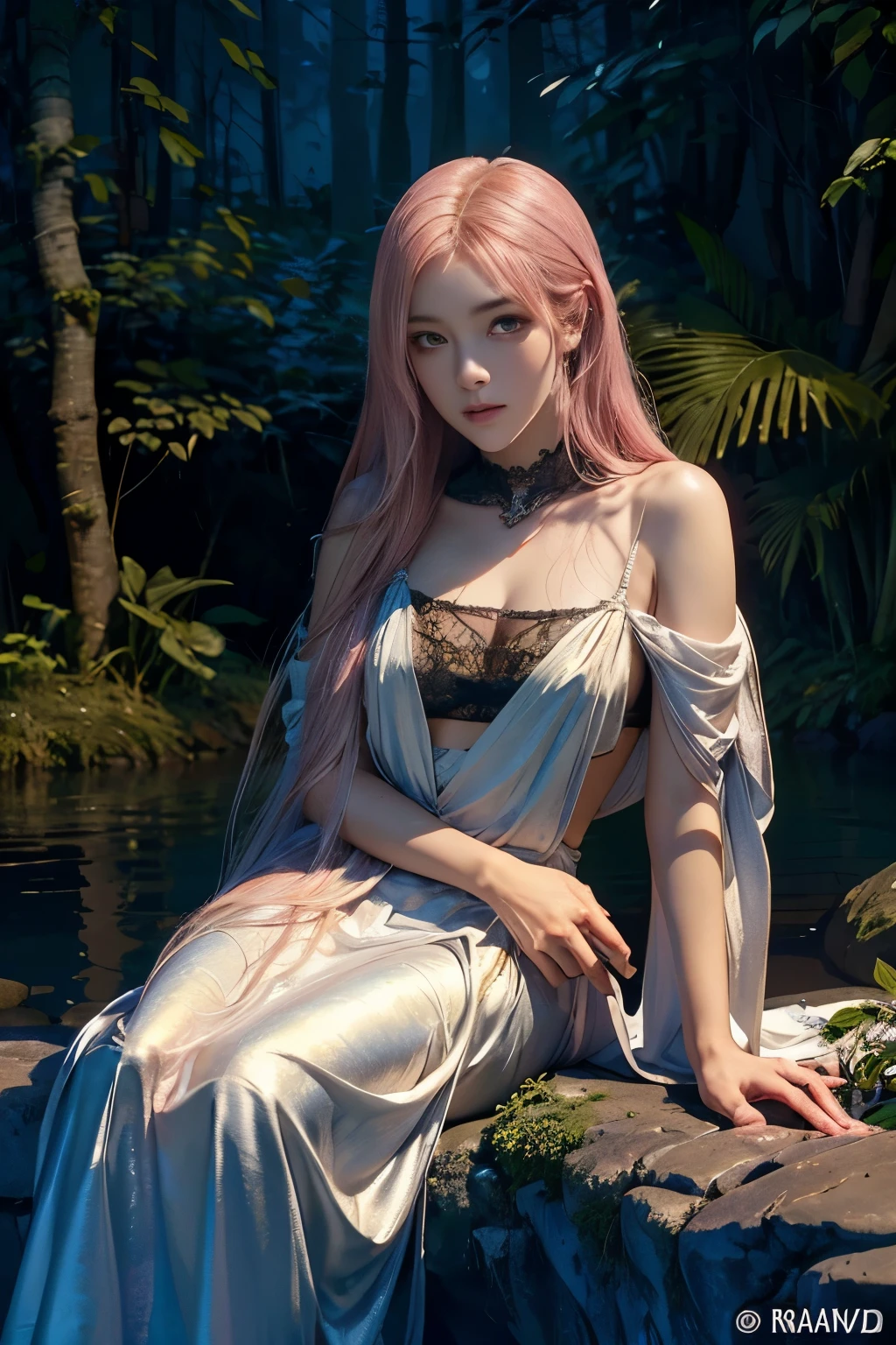 Rose from black pink, pink hair, (full body), (artistic + masterpiece:1.4), (incredibly detailed eyes), wearing medieval long cotton nightie clothes, Drenched hair,The background is a forest, sunset,Masterpiece: 1.3), (8k, Photorealistic, Photo RAW, Best quality: 1.4), (UHD), (Ultra high realism), (Ultra high definition), (Ultra high detail), (Realistic face), Beautiful hairstyle, Realistic bright amber eyes, Beautiful details, (Realistic skin), Pale, smooth and luminous skin with iridescent shine and no imperfections, Ultra high definition, Ultra realistic, Highly detailed, (Cleavage: 0.8), sitting on a rock, feet in the water, (masterpiece, best quality, award winning, highres), skinny, intricate and beautiful design, highly detailed beautiful face, super detailed beautiful eyes, light smile, sitting near stream, forest, leaves flow, windy, sun lights through forest, fantasy art, dynamic lighting, cinematic lighting, hyper realistic, extremely CG detail, octane render