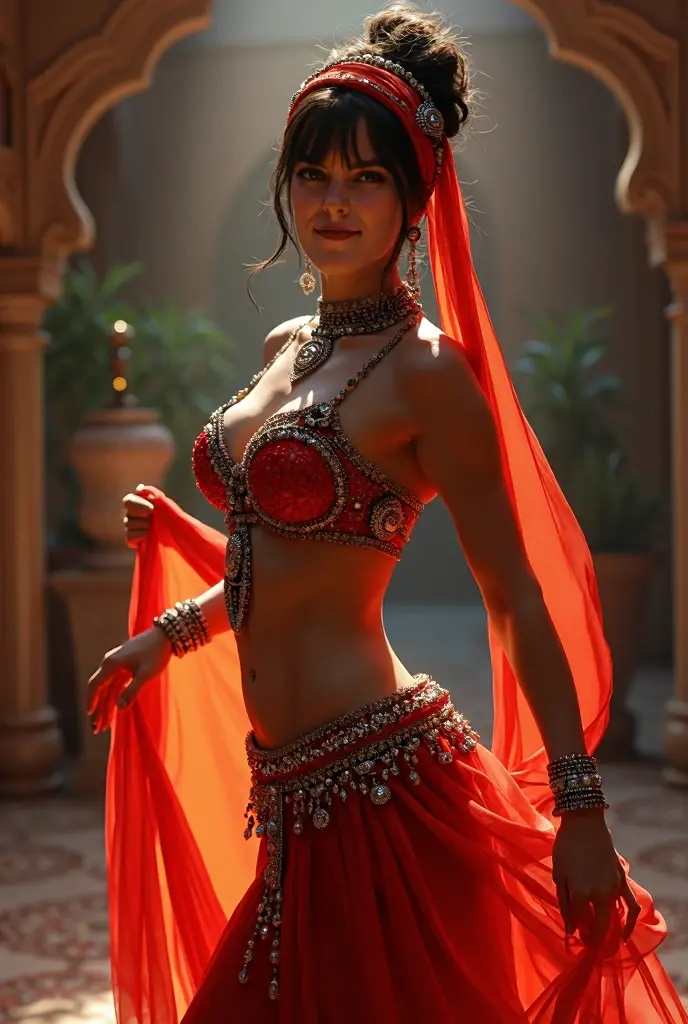 fking_scifi_v2, portrait of a young very beautiful gypsy dancer, dancing in front of a fire with a waterfall in the background, rich colorful clothes and jewelry, close up, joyful pose and attitude. fking_cinema_v2