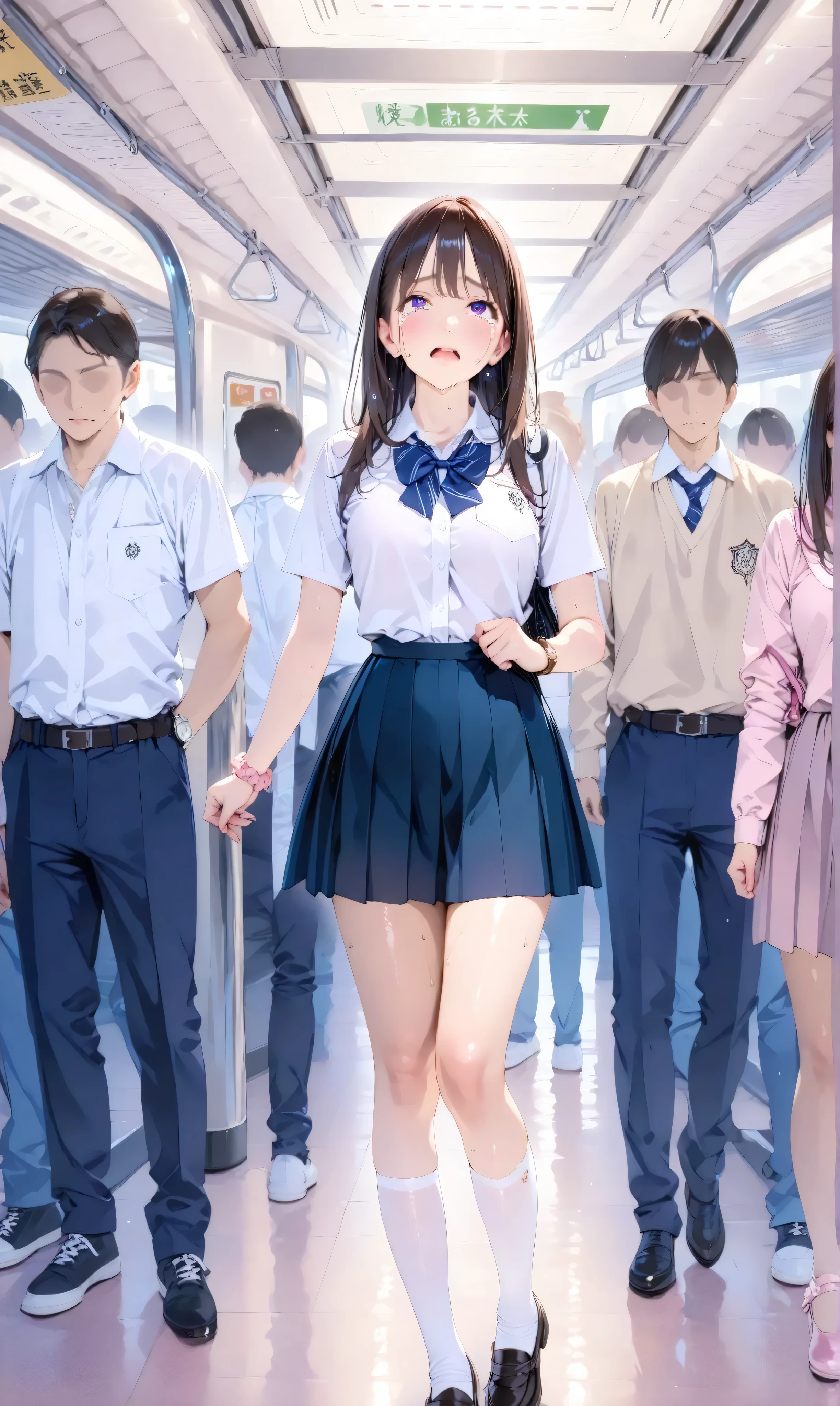 masterpiece, Best Quality, very beautiful, Engraved, (watercolor: 0.4), ( pastel : 0.6), super realistic high school girl with excellent style, long hair, and open lips, wearing a short shiny skirt and white knee-high socks, frame of a cowboy taken in a crowded subway. raise one hand, hand near the waist of a faceless person, Tearful expression, pastel crowd, Cinematic Atmosphere.