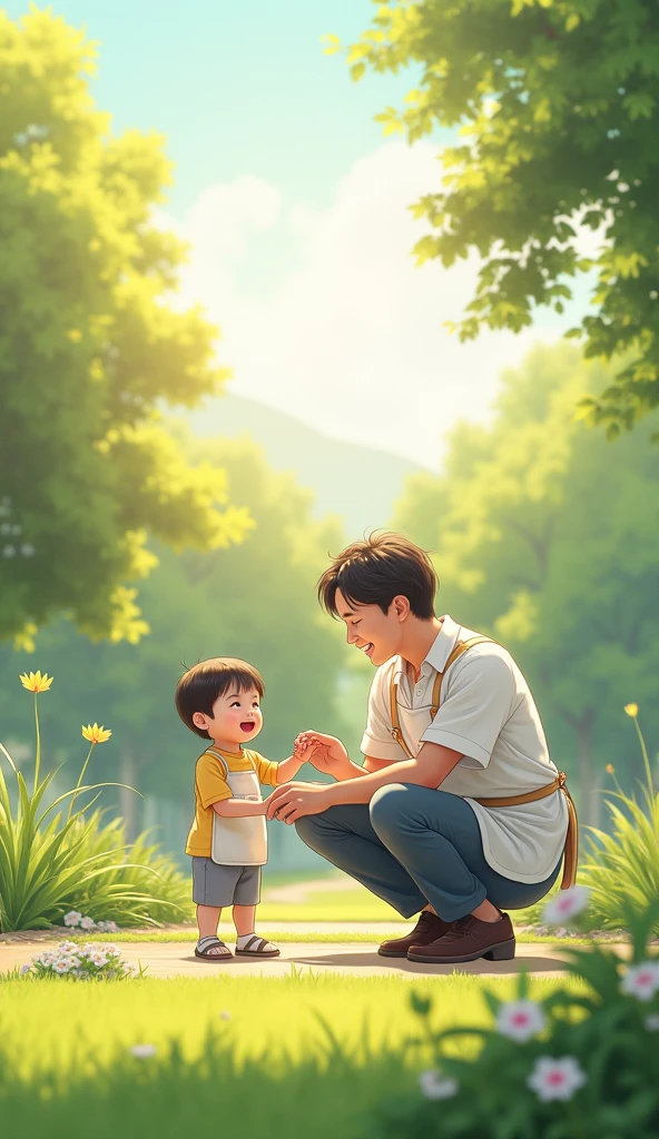 The father called the boy, who was sitting on a bench playing with a brown teddy bear, to come into the house.
