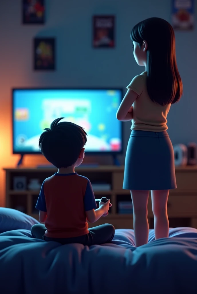 Lucas: A boy, brown messy hair, wearing a simple white t-shirt and worn blue jeans with red sneakers with an expression of wonder and excitement, holding a portable console while watching a commercial for the latest video game console on TV.
Valeria: A , with freckles and long dark hair, tied back in a high ponytail; wearing a simple white t-shirt with a light blue denim jacket and tight light blue jeans (He wears a black smartwatch and turquoise wireless headphones.) standing with his arms crossed, looking directly at his brother with a kind smile.
Setting: A cozy video game room, illuminated by natural light coming in through a window on the right. In the center, Lucas is sitting on the floor with an expression of wonder and excitement, holding a portable console while watching a commercial for the latest video game console on TV. Valeria is standing near the door, smiling as she watches Lucas. The environment should be vibrant, with warm colors that reflect Lucas' passion for video games.