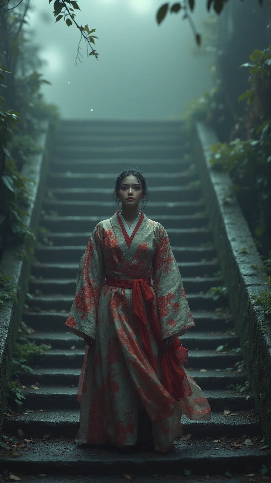 Girl wearing a Hanfu umbrella，Behind him is the temple，Walking alone in heavy rain，In the distance are mountains and waterfalls，tmasterpiece，Masterpiece，rich details​，Da Vinci color grading，4D movie textures