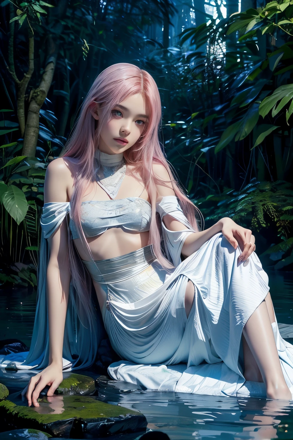 Rose from blackpink, pink hair, (full body), wearing medieval long clothes, sitting on a rock, feet in the water, Drenched hair, The background is a forest, sunset, (masterpiece, best quality, award winning, highres), skinny, intricate and beautiful design, highly detailed beautiful face, super detailed beautiful eyes, light smile, sitting near stream, forest, leaves flow, windy, sun lights through forest, fantasy art, dynamic lighting, cinematic lighting, hyper realistic, extremely CG detail, octane render, (artistic + masterpiece:1.4), (incredibly detailed eyes), (8k, Photorealistic, Photo RAW, Best quality: 1.4), (UHD), (Ultra high realism), (Ultra high definition), (Ultra high detail), (Realistic face), Beautiful hairstyle, Realistic bright amber eyes, Beautiful details, (Realistic skin), Pale, smooth and luminous skin with iridescent shine and no imperfections, Ultra high definition, Ultra realistic, Highly detailed