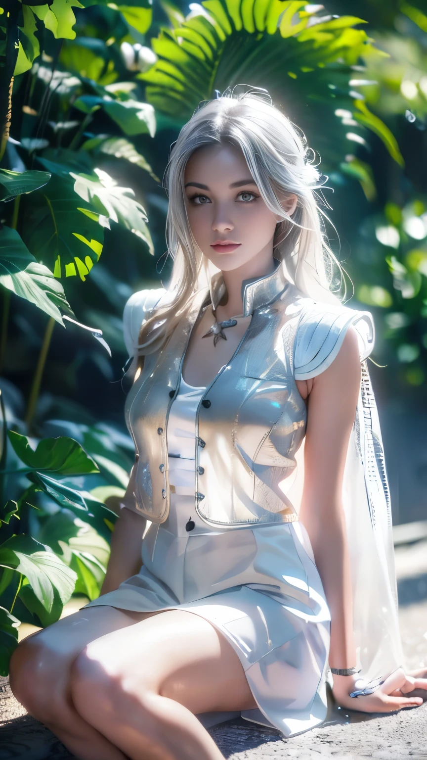 8K, UHD, masterpiece, detailed illustration, HDR, 1 girl, ((white skin)), good face, detailed eyes, detailed eyelid, ((long hair)), white hair, realistic girl, beautiful detailed beauty, ((white mesh vest)), ((detailed jwellery)), ((ornaments)), ((jwellery)), ((glowing vest)), ((Strap vest)), unreal engine 5, ((in the road)), ((volumatric lighting)), smooth detail, ((ray tracing)), realistic shadow, detailed fantasy art, cinematicial lighitng, spread lighting, realistic magic effect, magical effect, ((depth of field)), sitting,