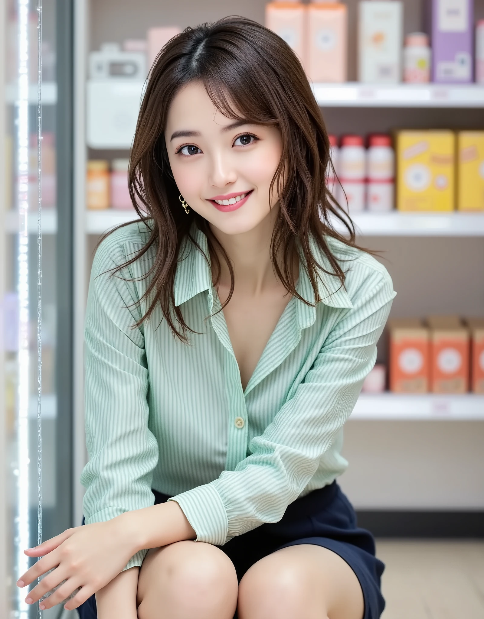 NSFW, (Highest quality), (Ultra-precise CG 16K wallpaper), (Realistic), (High saturation), (Sharp), Beautiful detailed shading, Beautiful natural lighting, Beautiful detailed glow, (Late afternoon sunlight), Natural light, Depth of field, (Mature 24 year old woman, One person), (Very beautiful Japanese face), (Sasaki Nozomi), (Side swept soft wavy long cut hair with bangs), (Shiny black hair), (Sparkling eyes), (C cup size breasts, cleavage), (Beautiful breasts), (Beautiful legs), (Beautiful skin), Beautiful proportions, (Smile: 1.1), (The woman is looking at me), (The woman is wearing a mint green and white striped open collar shirt and a navy blue mini skirt), (Wearing earrings), (Squatting pose), (Inside a convenience store), (Full screen image), (angle of view from a woman's head to her thighs), (image of a woman seen from the side at an angle), (a woman is squatting in the aisle of a convenience store, arranging products on the shelves),