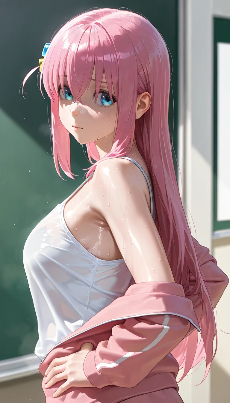1 girl, long pink hair, purple eyes, large breast, white sport tank top, mini short pants, she wet, drenched, nipple perked out from under shirt, clothes sticking to her body, outdoor, public park, looking at viewers, perfect finger shape, the number of fingers is not excessive