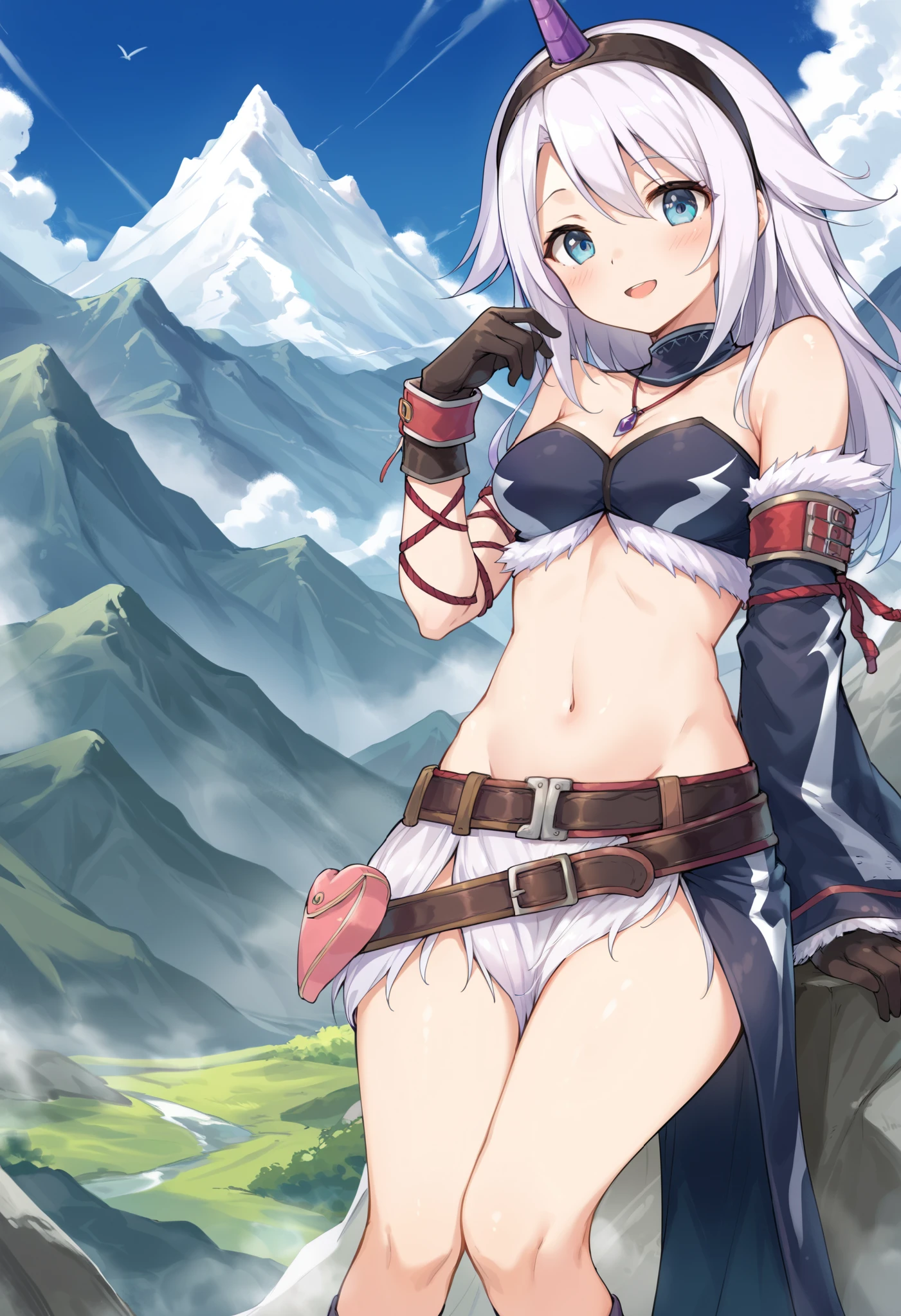 ( score_9:0.9), score_8_up, score_7_up,rating_explicit, anime style,(zPDXL), r armor, purple single horn headband, ung_girl, Alone, long_gloves, black_knee_high , white_long_hair, shaggy_bang,Blue Eyes, under the arm, arms, medium_breasts , black_tubetop,mountain_background,wide_shawl, Detachable_long_Sleeves,(abs:0.6),white_fur_waste_armor,smile,(crotch_curtain),blush,light_open_mouth,smart_waste
