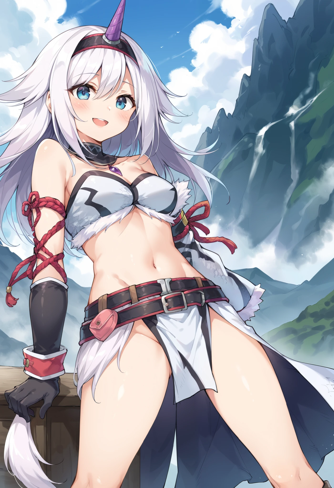( score_9:0.9), score_8_up, score_7_up,rating_explicit, anime style,(zPDXL), r armor, purple single horn headband, ung_girl, Alone, long_gloves, black_knee_high , white_long_hair, shaggy_bang,Blue Eyes, under the arm, arms, medium_breasts , black_tubetop,mountain_background,wide_shawl, Detachable_long_Sleeves,(abs:0.6),white_fur_waste_armor,smile,(crotch_curtain),blush,light_open_mouth,smart_waste