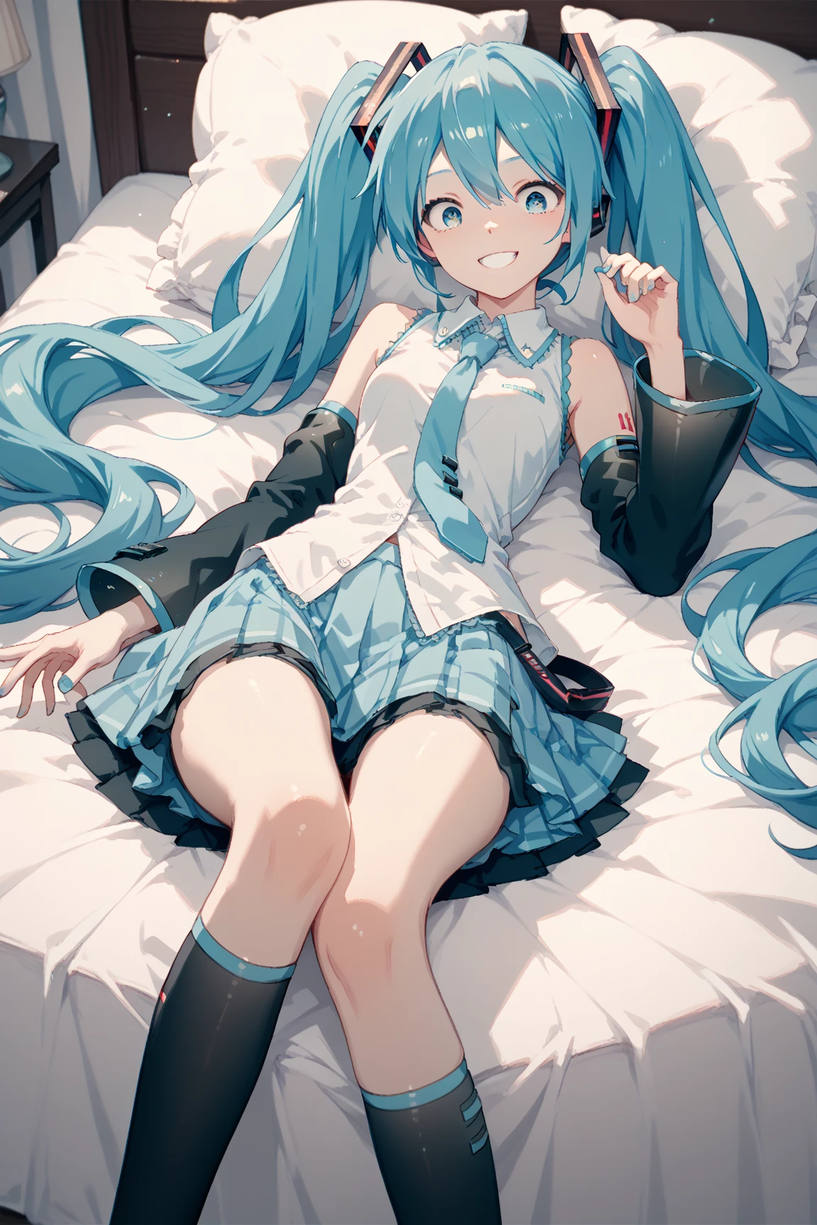 Hatsune Miku with empty eyes、turned around、All body in、a sailor suit、Simple pastel background、at your feet