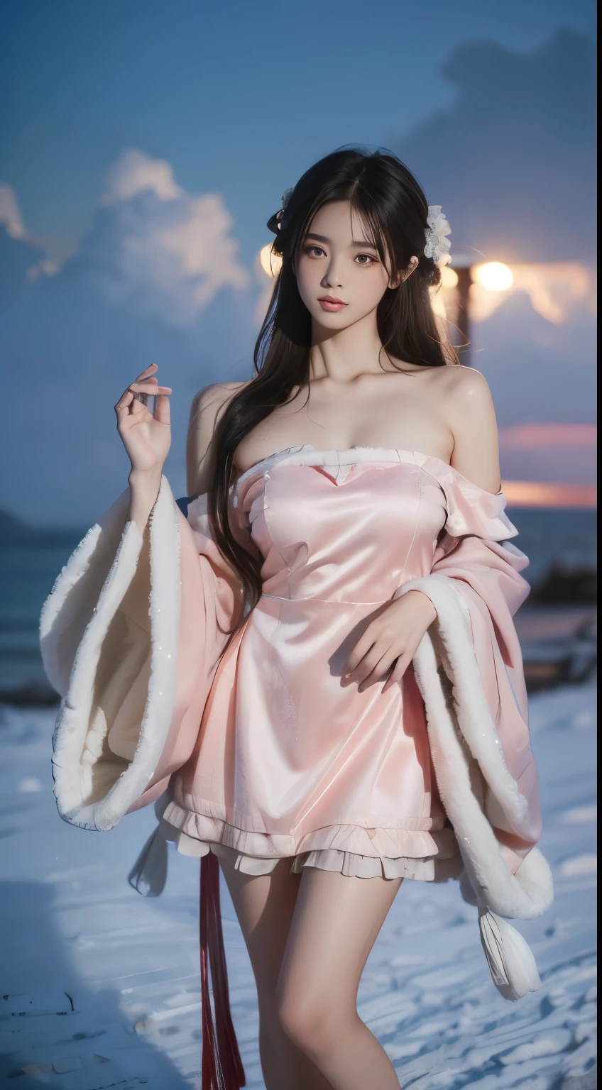 cns attire, cyb dress, chinese clothes, long sleeves, wide sleeves, ((cowboy shot)), ((Bare shoulder)), ((Short hemlines, sexy long legs)), realistic detailed photo of a giant breasted girl with exposed shoulders, detailed fingers, high quality skin, red eyes, alone in a winter scene with clouds, wind, and flowing hair, (best quality,4k,8k,highres,masterpiece:1.2),ultra-detailed,(realistic,photorealistic,photo-realistic:1.37),studio lighting,vivid colors