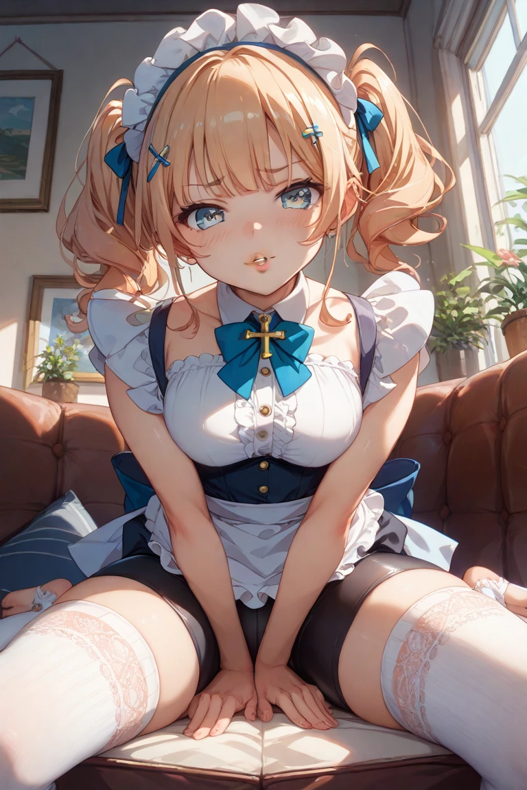 best lighting, absurdres, masterpiece, best quality, ultra-detailed illustration, absurdres high detailed face, medium breast, long blonde hair, maid costume, apron, maid apron, maid headdress, short dress, skirt lift, detailed blue eyes, twintail, indoors, window, shy, blush, cute, hands in front, BREAK (bare breasts:1.7), (off shoulder :1.3),(small breasts), (cum on clothes:1.3),( woman on top, vaginal , sex:1.6), (cum in pussy:1.3), hold down, on back, lying, looking at viewer,, pussy, pillow, uncensored, pov, spread legs, bangs ,( gangbang:1.6), ((cum on body:1.3))