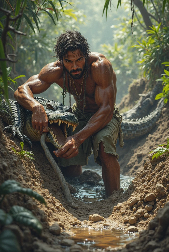 A highly realistic panoramic sunlight image of Tarzan fighting with an Alligator in the water. Jane looks on anxiously with a spear in her hand to come to the rescue., Both are half-naked dressed in the short loincloth of a primeval man, both standing dripping with water in the crashing waters of a very high waterfall half surrounded by big jungle trees in 70000000 BC, HD photography, ultra-realistic, King Tut, 4k, hyper-realistic, sharp texture, color