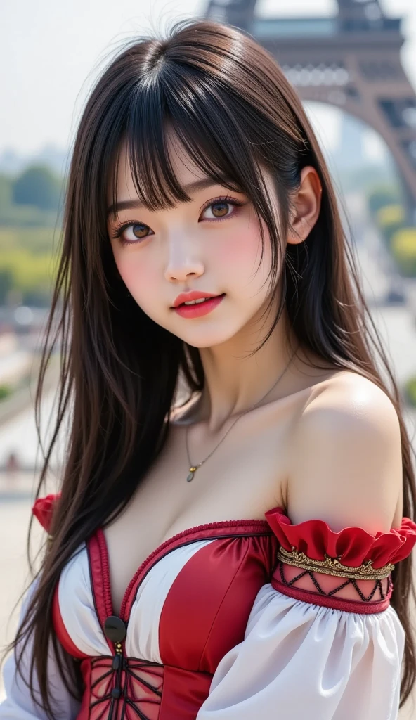 Shining, clear, white skin、Her windblown black hair hides her beautiful face.、huge、Sexy beautiful face of 28 years old、Beautiful straight hair that stands out、growing up, glowing light brown eyes、Sexy long silky bangs covering the eyes, Sexy young woman with super long hair hiding her sexy face、Shiny black hair、(((Sexy Woman)))、The cleavage is visible,Red sexy dress