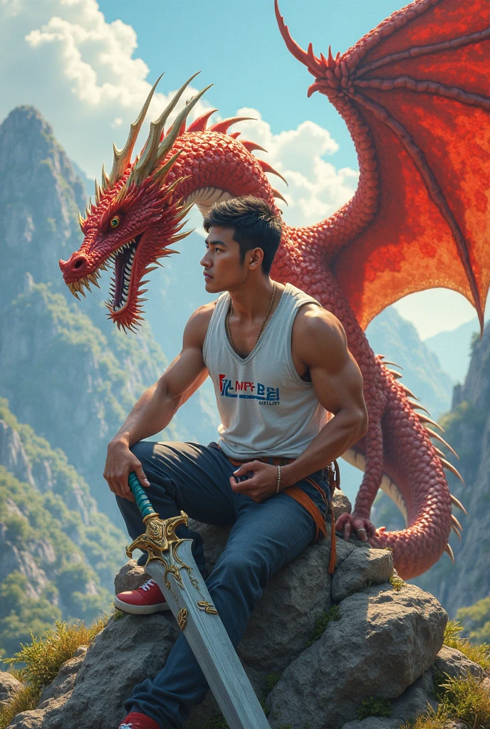 Masterpiece, Anthropomorphic red dragon, There are a pair of beautiful dragon horns gradient from blue to white.., Blue eyes, Red dragon scales, 1 cola, very muscular body, good looking, Beach clothes, smiling, full body sunset view. Dragon hugging and kissing muscular boy in muscle shirt and shorts, seaside