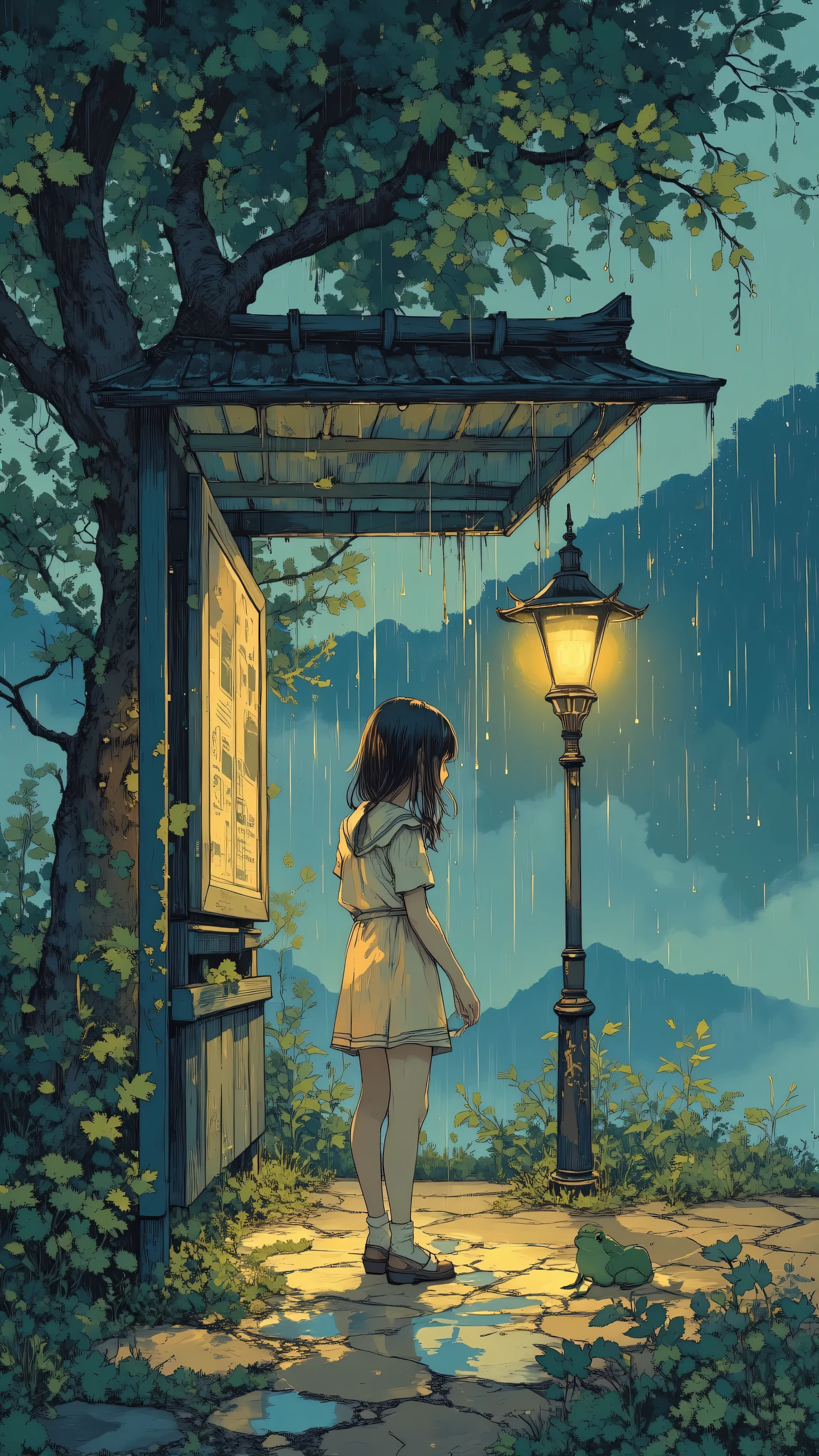 will put “lo-fi art” and summer nights The atmosphere blends with high detail and super high resolution {x} oil and acrylic painting on canvas depicting the torrential rain of a summer evening at a rural bus stop. A girl in a simple summer sailor suit is hiding from the rain, to create a beautiful animation-style wallpaper,Highlight the point. It captures the beauty of the anime, and the mountains of Mount Mengshan. The scene is rendered in Ghibli style,with a frog at her feet,raindrops flowing down the eaves of a bus stop. with damp leaves and fog in the background,Creates a serene atmosphere with nature. She is cleaning up her wet hair, A girl in a simple summer sailor suit is hiding from the rain,to create a peaceful atmosphere in harmony with nature