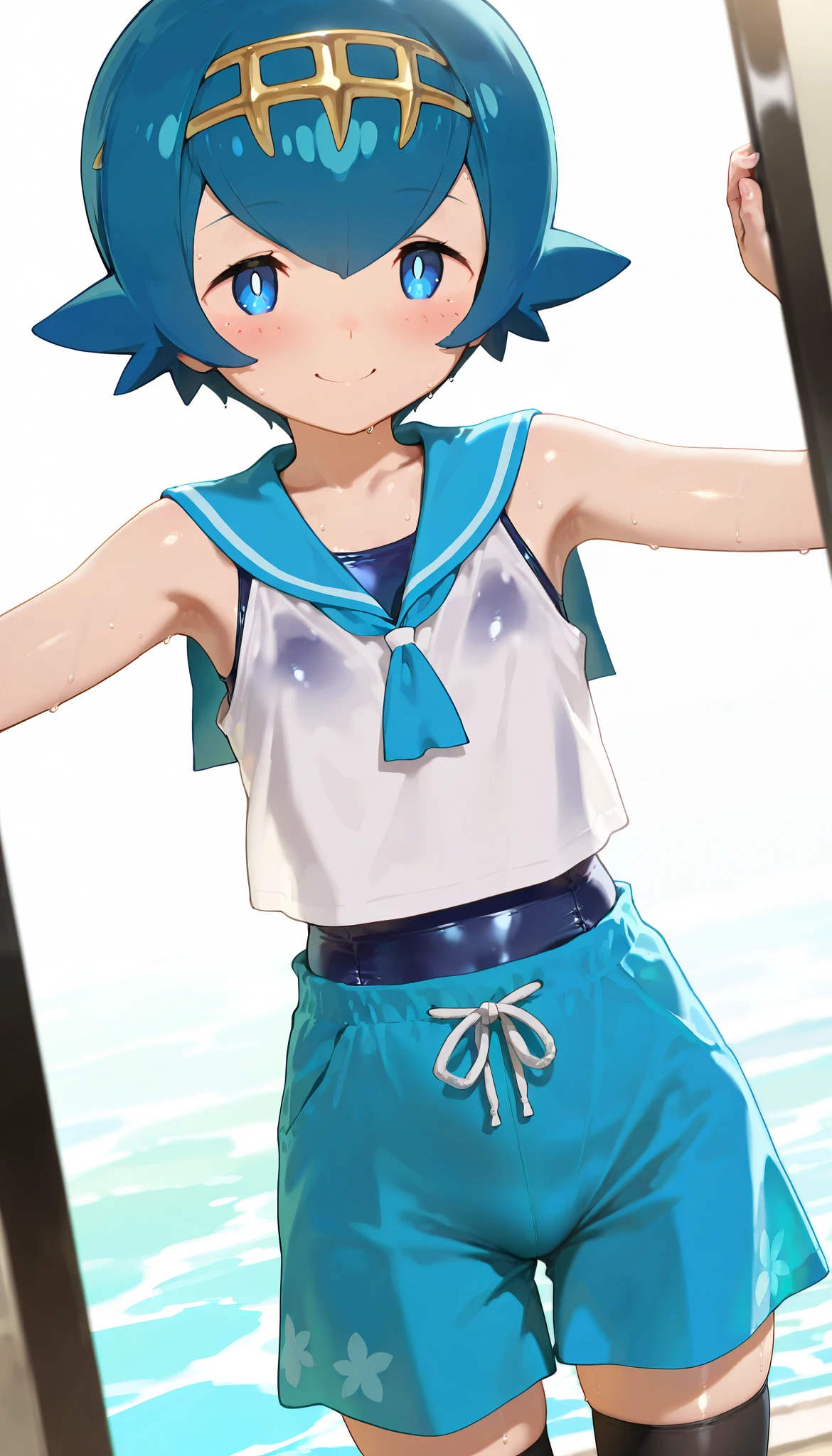 high resolution picture, masterpiece, best quality, amazing quality, solo, 1girl,lana,smile,flat chest,shiny skin,blush,black thighhighs, blue sailor collar, blue skirt, collarbone, one-piece swimsuit, pants, sailor collar, shirt, sleeveless, sleeveless shirt, swimsuit, swimsuit under clothes, thighhighs, white shirt,cowboy shot,dynamic pose,dynamic angle,sea