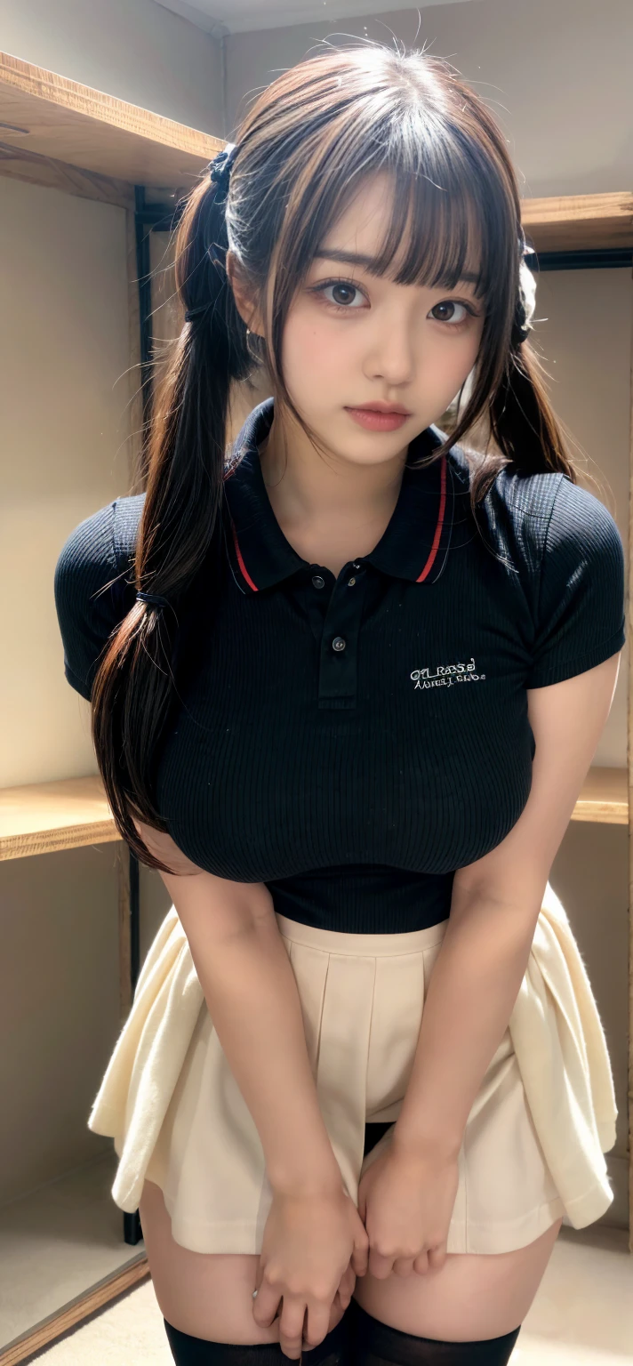 muste piece, best quality, illustration, Super detailed, fine details, High resolution, 8K,wall paper, perfect dynamic composition,(Details High quality, realistic depiction of eyes:1.3), (Polo shirt with collar), pleated skirt, knee high socks, ponytail, Lying down, black hair color, Big Natural Color Lip, bold sexy pose, (perfect body shape), crying a little、cold gaze, Harajuku style、20 year old girl、cute type、lolita、beautiful legs, hotel room, hposing Gravure Idol, Voluptuous thighs