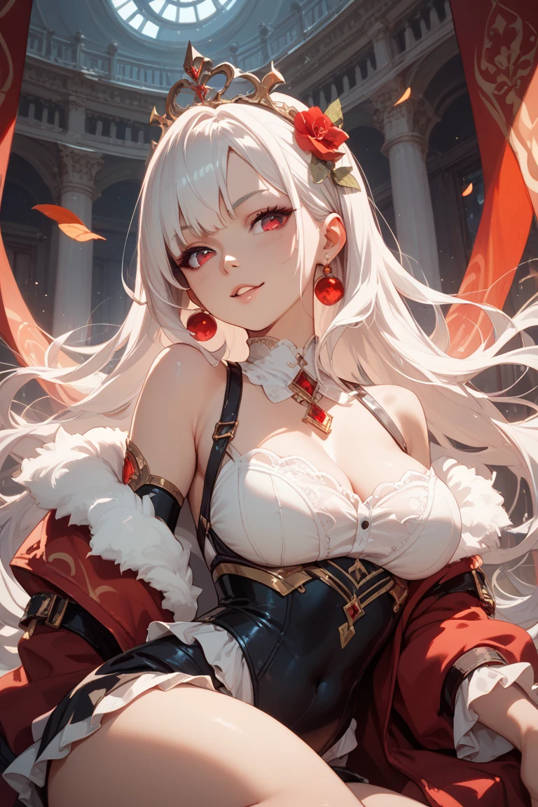 (absurd, high resolution), (panorama), a woman, mature, beautiful, tall, viktorian dress, red complex, exquisite, golden eyes, pale white hair, in the palace, brilliant, magical, red dress, elegant, royalty, alone