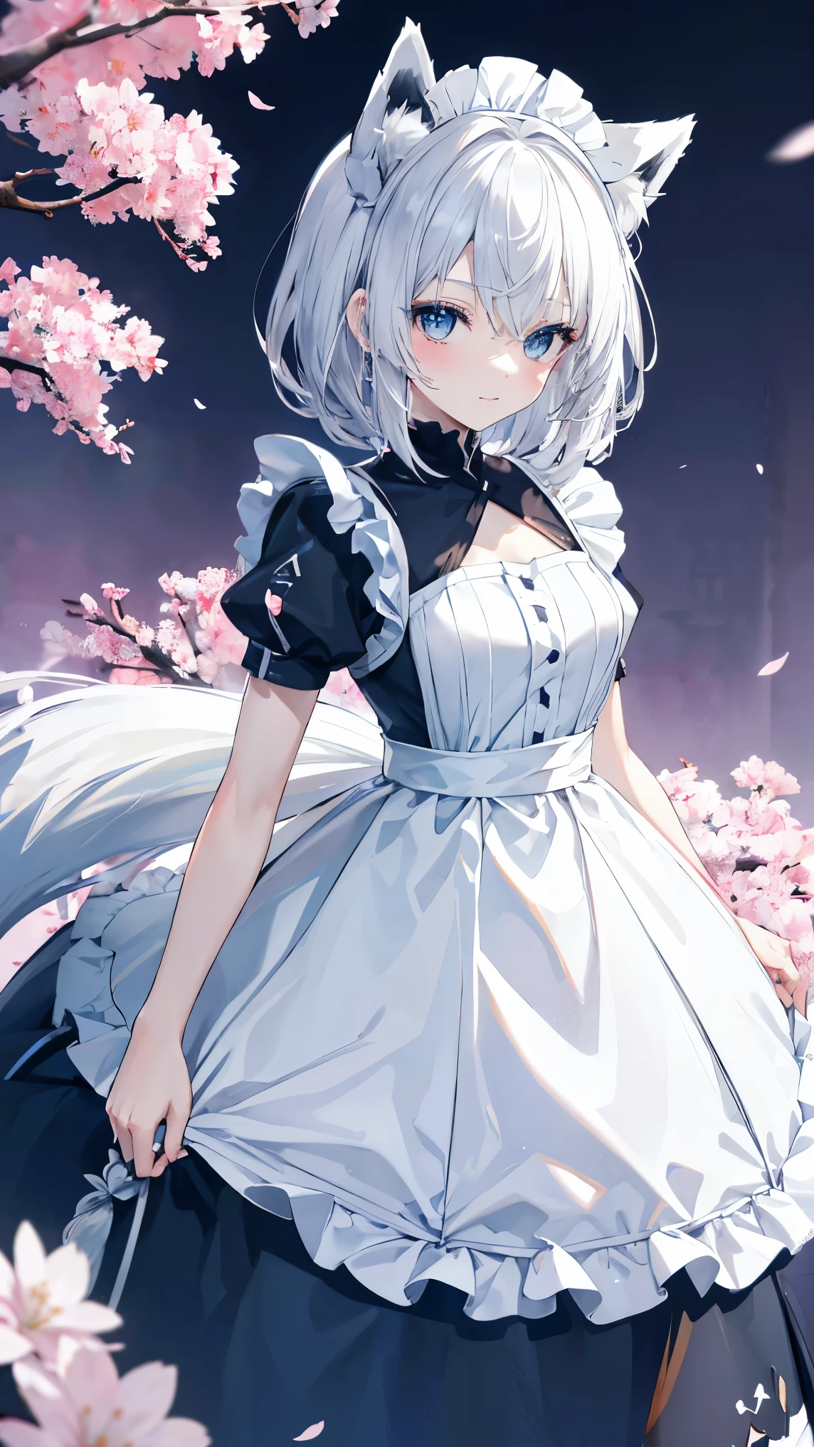 top quality、、(Whitening skin,)、 Silver Hair、light blue eyes,Petite、slender、(,Maid Outfit, frill,),cherry blossoms,smile, fox ears,Fox Tail,,toned body,