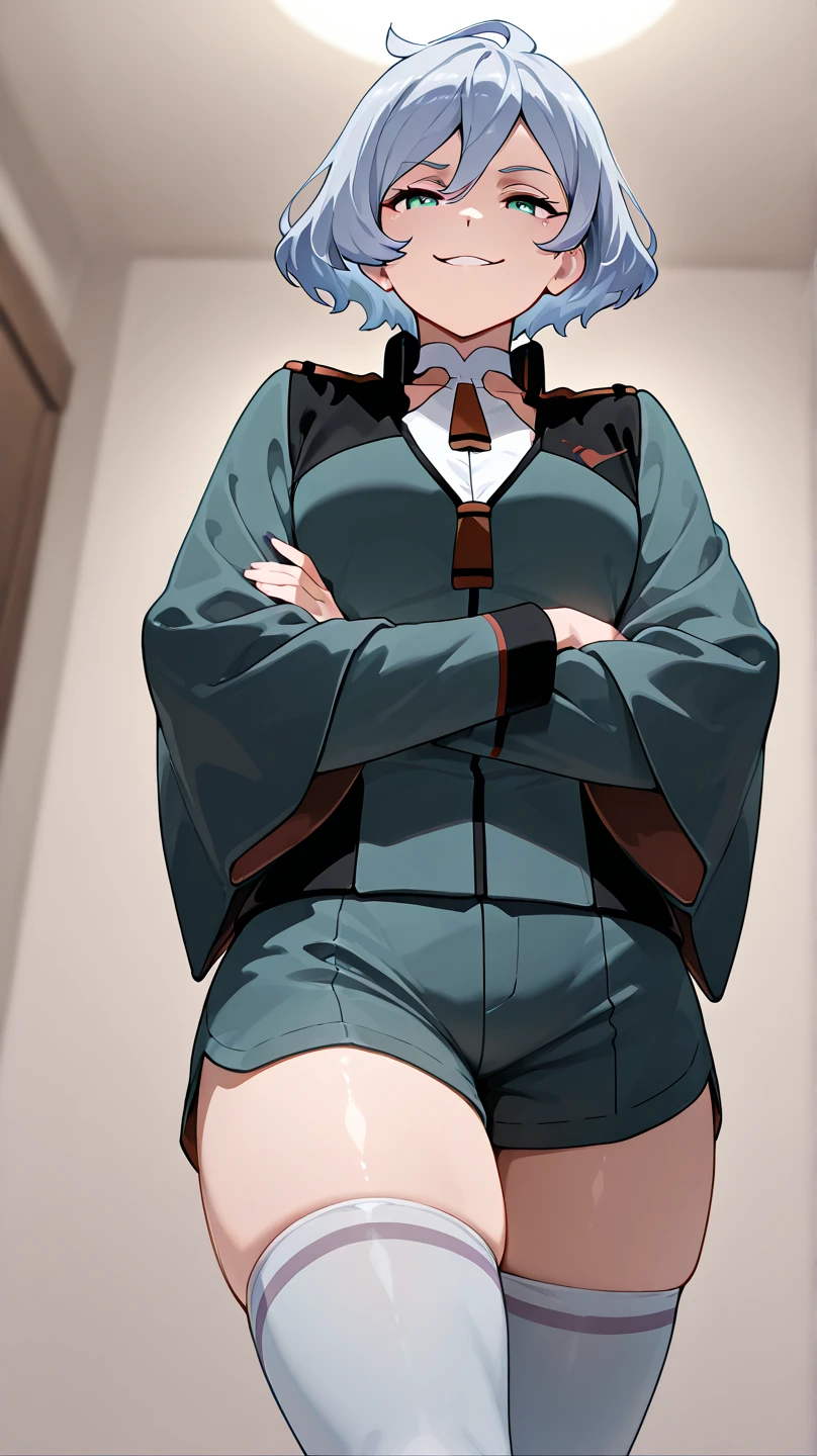 （Vtuber Standing Pictures）、（Standing picture on the front）、chest、Nipples、naked、Creampie、naked、1girl, Underside_greenarchive, bedazzling eye, exposed 胃, Exposed navel, nakedのおなか, eye, exposed , , Forehead、 green_eye, Black_hair, Hello, have, Jacket、Shoulder Bare、Large hood、茶色のhair, Shorts、feet、white background, full body
