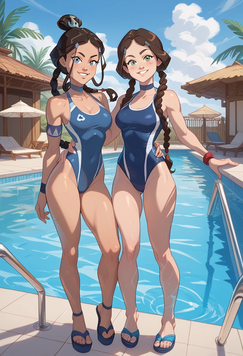Korra, ((short black hair, ponytail, hair tubes, glowing blue eyes, makeup, narrow waist, skinny, medium breasts, dark skin,  dark_skinned female)), pelvic curtain, ((blue bikini)), full body, perfect body, (insanely detailed, beautiful detailed face, masterpiece, best quality) , (((solo))), (((1girl))), (((mature))), (extremely detailed 8k paper CG wall unit: 1.1), (beach, sunnyday, sand), (smile face for the viewer), eropose,  underbutt,  behind, from back, holding ice cream,