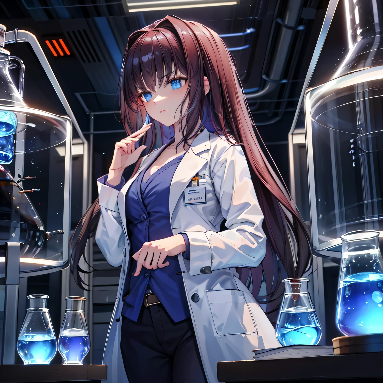 Depict a 20-year-old, stunningly beautiful woman conducting an experiment in a well-equipped science lab. She wears a pristine white lab coat over professional attire, her expression focused as she carefully handles scientific instruments. Whether her hair is long and neatly tied back or short and styled, she maintains a meticulous appearance suited for the lab environment. The background features shelves filled with scientific equipment, adding to the immersive atmosphere of the setting. dark hair, long hair, blue eyes.