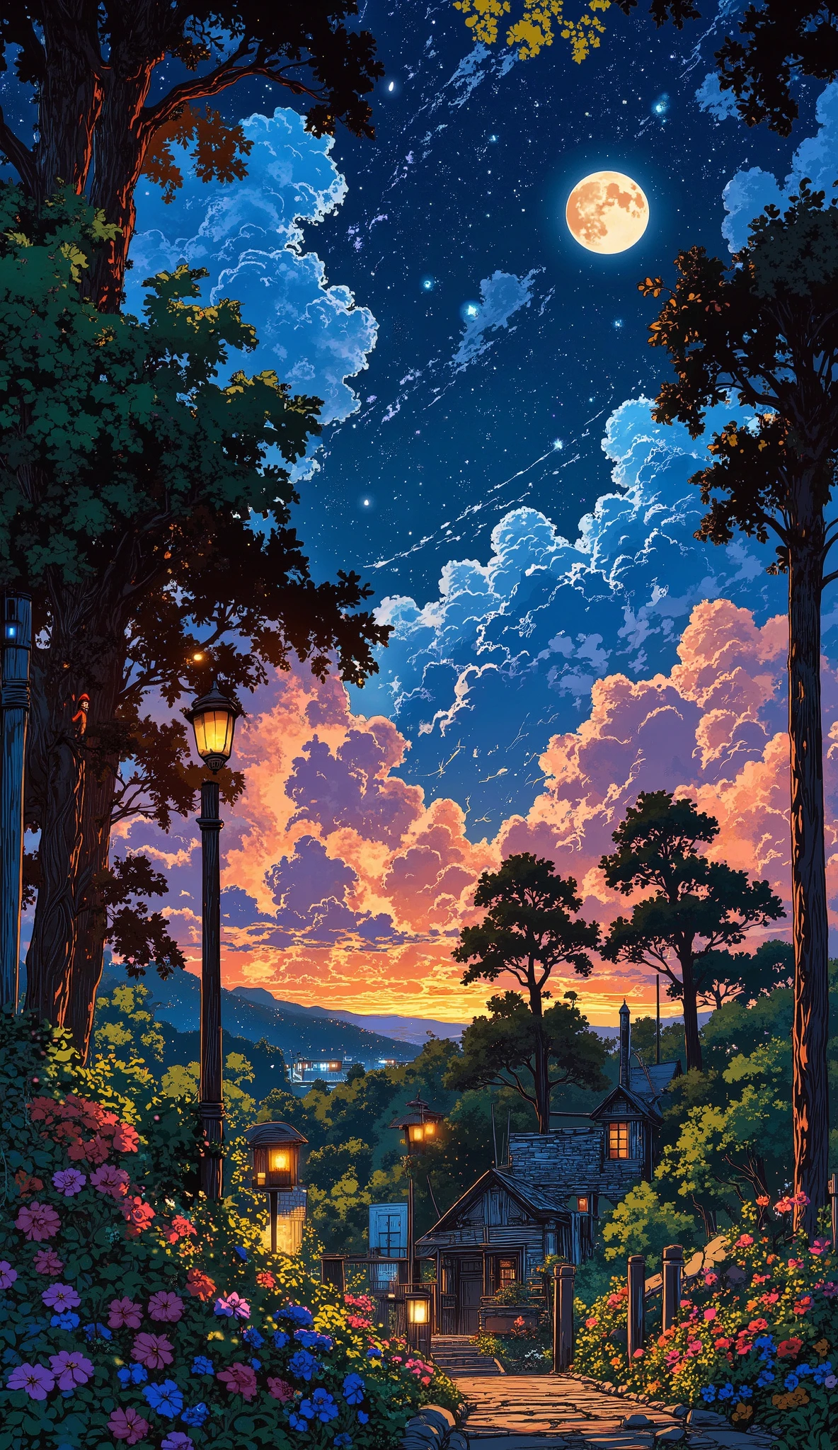 High above the clouds, a floating garden drifts in the endless expanse of a twilight sky. Lush vines curl around marble archways, their leaves glittering with celestial dust. Blossoms of every hue—soft pinks, deep purples, and shimmering blues—sway gently under the light of a massive crescent moon. Small waterfalls cascade over the floating rock formations, their water vanishing into the mist below. A narrow wooden bridge, suspended by nothing but the whispers of the wind, connects the garden’s terraces, each adorned with lanterns that flicker like captured stars. A lone traveler stands at the garden’s edge, their cloak billowing in the soft wind as they gaze at the glowing constellations forming patterns above. A translucent butterfly, its wings like fragments of the night sky, lands gently on their outstretched hand before vanishing into the dreamlike horizon. The garden pulses with ancient magic, as if it exists between time and eternity