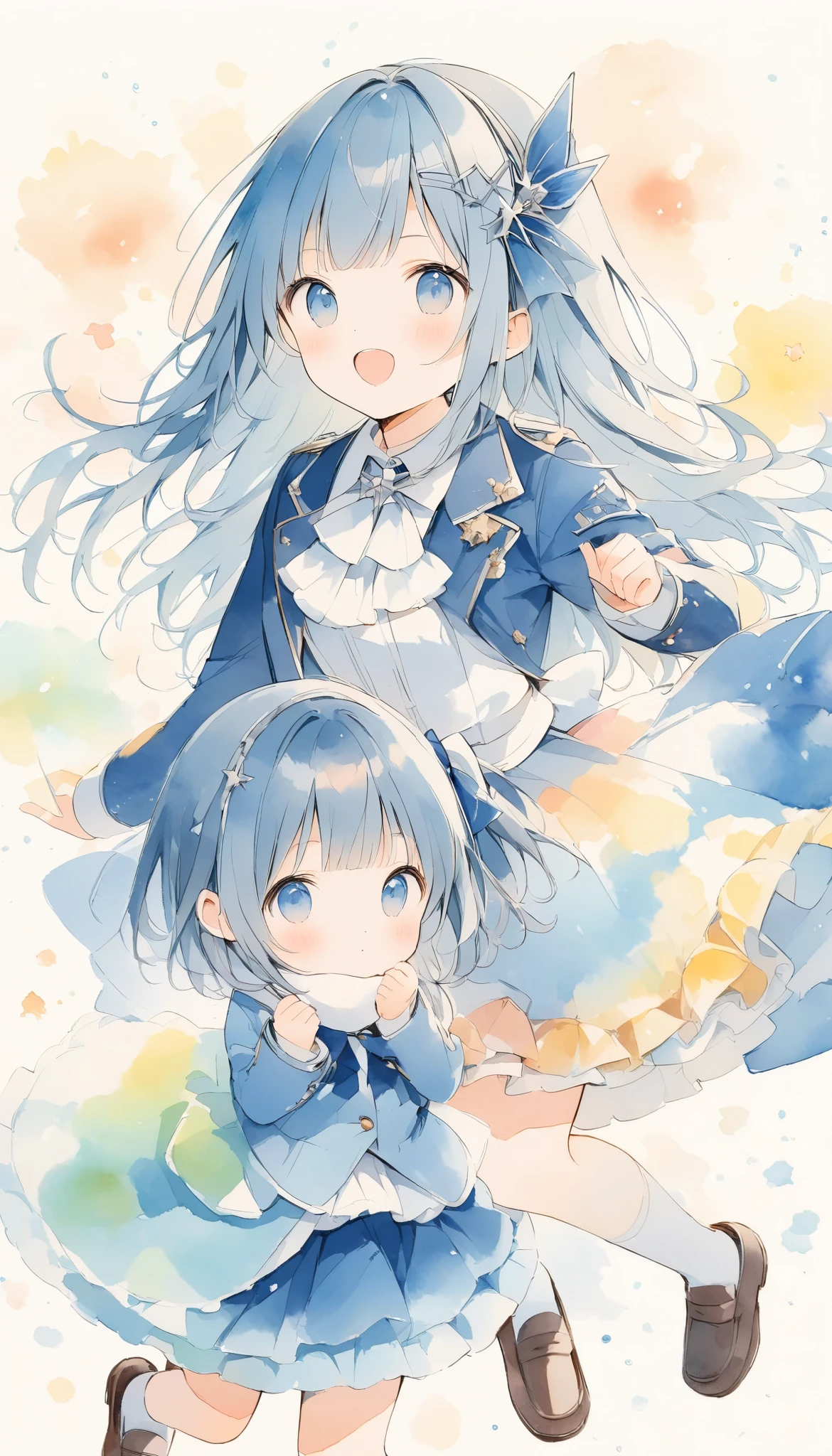 bright color、watercolor,2.5D,#SDXL、Baby Metal Band Girls ,派手なHeavy Metalのポーズ、cute、  Band performance、Heavy Metal、navy blue blazer、 Navy Blue Short Ruffle Skirt 、 loafers white、 muffler 、 soft colored artwork、 warm, Antique Color