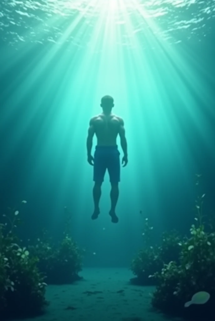 realistic photo of a newt (mythological being half fish half human) strong and handsome male merman in the dark seabed, it illuminated only by a ray of light, he swimming towards the surface, deep blue ocean, with an air of immensity, long tail and creaking legs joined indivisible. orange syrup. him on his back