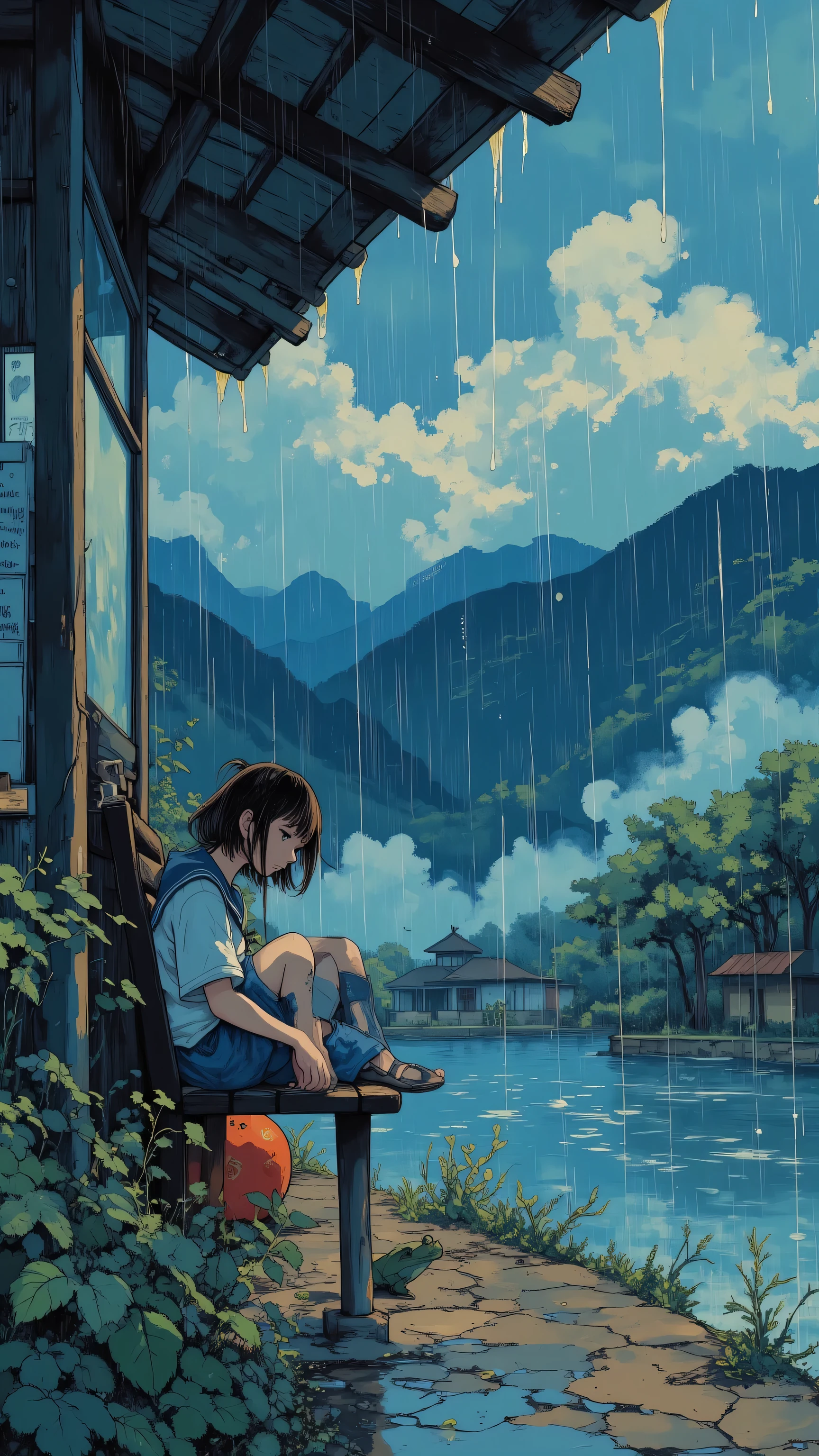 will put “lo-fi art” and summer nights The atmosphere blends with high detail and super high resolution {x} oil and acrylic painting on canvas depicting the torrential rain of a summer evening at a rural bus stop. A girl in a simple summer sailor suit is hiding from the rain, to create a beautiful animation-style wallpaper,Highlight the point. It captures the beauty of the anime, and the mountains of Mount Mengshan. The scene is rendered in Ghibli style,with a frog at her feet,raindrops flowing down the eaves of a bus stop. with damp leaves and fog in the background,Creates a serene atmosphere with nature. She is cleaning up her wet hair, A girl in a simple summer sailor suit is hiding from the rain,to create a peaceful atmosphere in harmony with nature