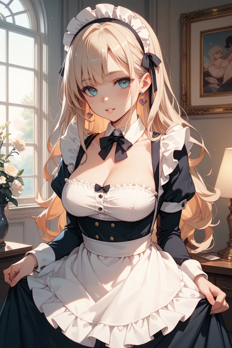 masterpiece, highly detailed, highest quality, high resolution, super precise, (1 girl), simple black French maid dress, white apron, semi-opaque stockings, flawless skin, silky golden blonde hair tied up into a messy bun, soft and cute facial features, plump pink lips, 18 year old teenager, tall height(190cm), very small A cup breasts, long slender legs and curvy hips that flare out enticingly on a pear shaped body, cowboy shot, olive-brown eyes, cat ears and tail,