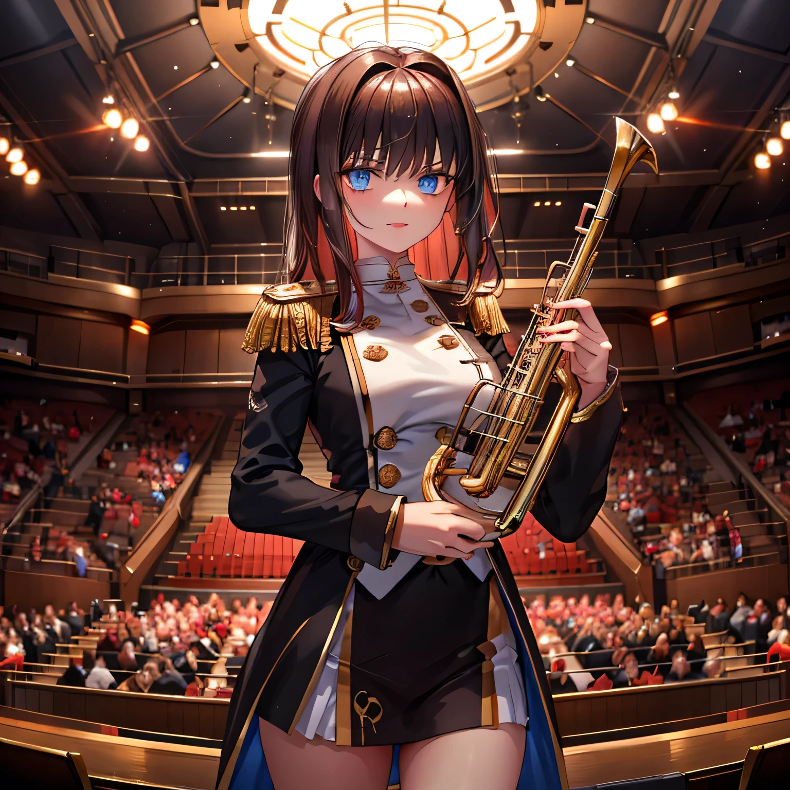 Depict a 20-year-old, dazzlingly beautiful woman playing a brass instrument in a grand concert hall. She wears an elegant yet practical band uniform, designed with intricate gold embroidery. Her posture is poised, fingers positioned with precision, her eyes focused as she plays passionately. The warm stage lighting highlights the shine of her instrument, creating a visually striking contrast between her and the surrounding orchestra. dark hair, long hair, blue eyes.