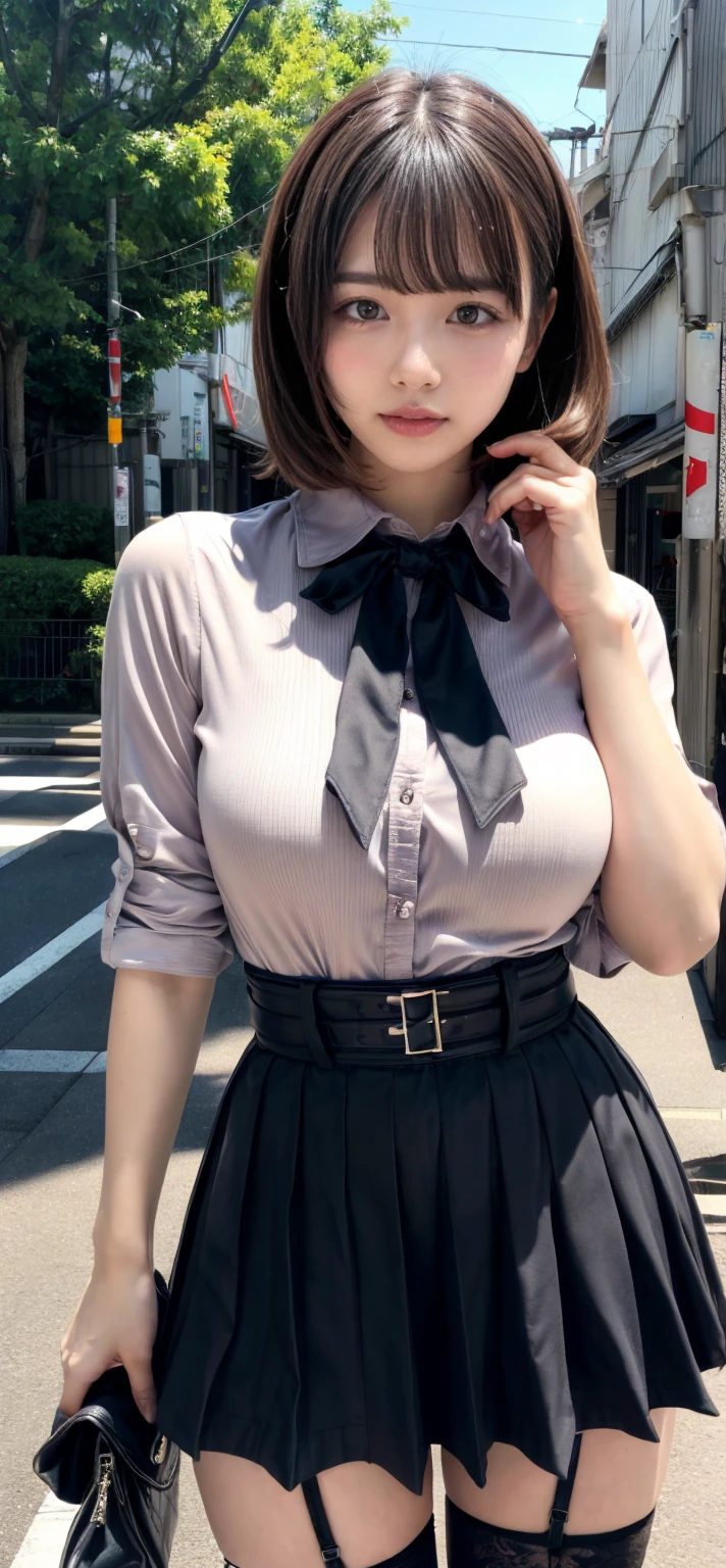 In 8K,Highest quality,The real picture,Intricate details,Ultra-high resolution,Depth Field,Masseter muscle area,Natural soft light,Professional Lighting,One Girl,(cute:1.2),Very beautiful 17 year old girl,Detailed eyes,((Brown eyes)),(Brown Hair),(Short-haired),(Bans),Perfect Skin,Glowing Skin,White skin,Fine skin,Big ample breasts,((Perfect Anatomy,Nice hands,Perfect hands,Five fingers connected to the palm,Accurate needles without discomfort)),Perfect bare legs,Delicate legs,Perfect Proportions,Sexy,I can see your chest,((Japan Uniform)),((Uniform Mini Skirt)),(tie),Black socks,Chano Leather Shoes,Lurking deep in the city,I can see your crotch,Show me your panties in the street,Both legs are bent,Legs are spread in an M shape,,I can see your pants,Slender thighs when viewed from the front