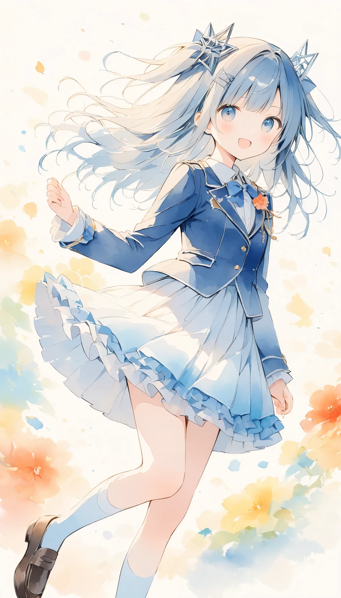 bright color、watercolor,2.5D,#SDXL、baby metal band girl ,派手なHeavy Metalのポーズ、cute、  Band performance、Heavy Metal、navy blue blazer、 Navy Blue Short Ruffle Skirt 、 loafers white、 muffler 、 soft colored artwork、 warm, Antique Color
