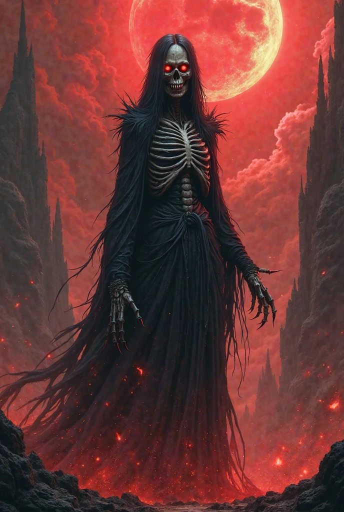 best quality, 4K, high resolution, masterpiece:1.2, Very detailed, actual:1.37, Mood lighting, An undead girl in a long cape, Whole body including hands & arms & legs & feet are all skeleton bones but except the head is still beautiful human face, Wearing a ragged gothic skirt, Aloofness emotion, Dangerous sneer, Beautiful but cruel smile, Black Hair, Standing, Facing the camera, Crucified, Pitch black sky, Blood-red moon, strange atmosphere, Gothic style, Unforgettable beauty, Dramatic shadows, Ethereal Light, Mysterious atmosphere.