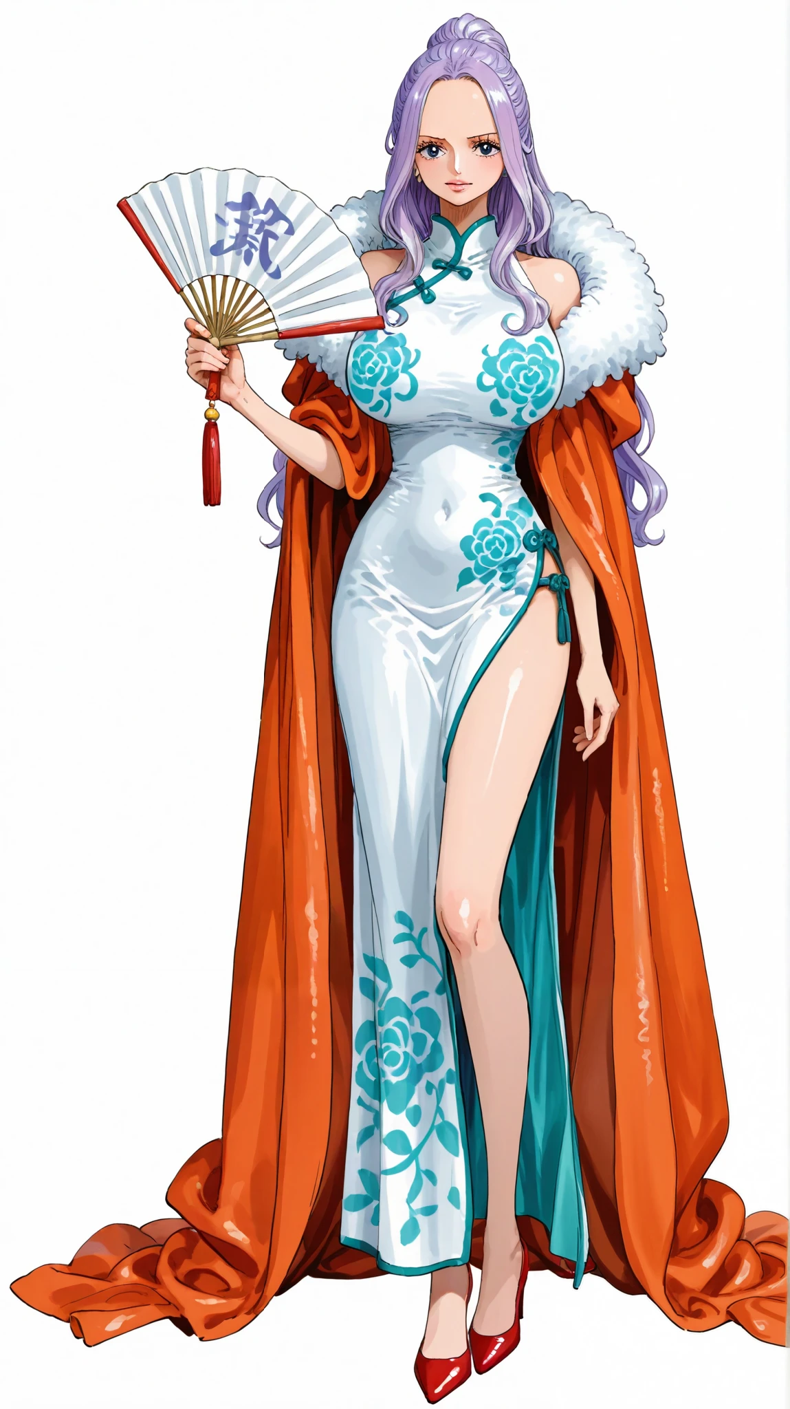 Five fingers、ArtStyle_OnePiece_MangaColored _ownwaifu、usnr、onepiecestyle、(onepiecestyle:1.2)、alone、girl、超details、pastel colorアート、(has a pure white background:1.4)、20%degree of background、details、detail eyes、pastel color、 beauty、Big Breasts、(Full Body:1.2)、upright、 standing、embarrassing expression、purple hair、semi-long hair、light blue sexy china dress、 red pin heels、orange and red colored cloak、fan in the right hand