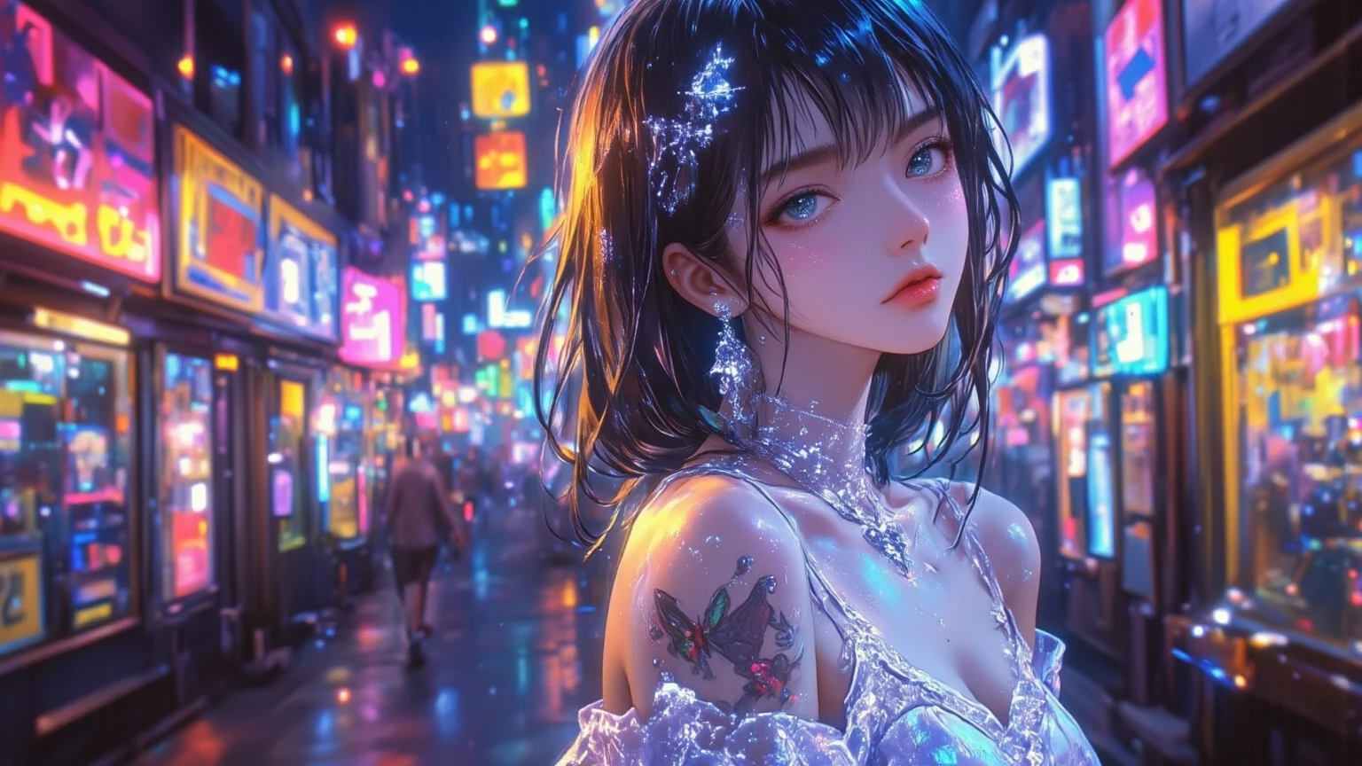 smile，butterfly TATTO，City Nightscape with colorful Neon Lights，masterpiece, best quality, detailed, ultra detailed, beautiful, street, alley, woman,  neutral, looking at viewer, looking back, long hair, black hair, gradient hair, silver eyes, with sparkling eyes, slant eyes, detailed skin, off shoulder, mini skirt, adult, colorful lighting, 35mm Film, in focus with blurred background, dramatic contrast