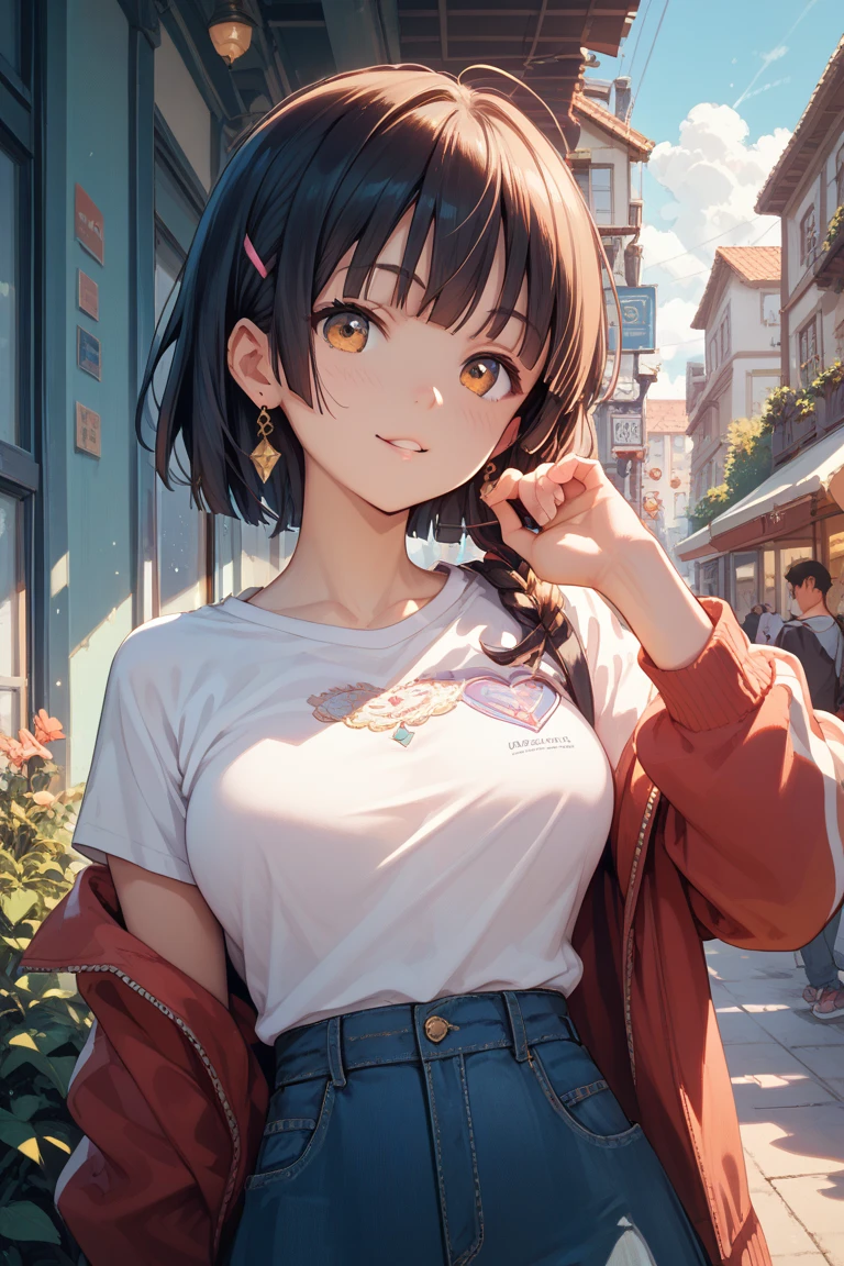 ((((highest quality)))), (((Ultra-precision CG 16K))), (((masterpiece))), (((Very detailed))), (((Extremely detailed))), (((Black outline:1.3, Written boundary depth:1.3 , Written soft outline))), Blur, Bokeh, Maximum clarity and sharpness,Multilayer Texture, Surface Shading, Cinematic lighting, Beautiful details sparkle ,Perfect Proportions, Limited to three woman, BREAK accurate, Anatomically correct, Highly detailed face and skin texture, drawn in detail, Highly detailed facial and skin texture, Detailed eyes, beautiful hair, Beautiful Japanese Idol face, Beautiful and beautiful eyes, Beautiful body, Beautiful breasts, Beautiful thighs, Beautiful legs, Beautiful fingers, (Beautiful views) , skinny body, ((Beautiful Skin)), ((Skin Texture)) BREAK breast enlarged, huge Breasts, rocket breasts, (((perky breasts))), covered nipples ,slender waist, (blush, determined expression, hot, sweaty , Heavy breathing,) BREAK (((no-bra, wearing oversized yellow t-shirt , sportswear, low rise, mini-skirt with slits, no-sleeve, breast is covered by outfit))) , wearing earrings, BREAK ( stick breast out),((( a woman sitting on steps of the school:1.3, stretching out, from front , from above , looking at viewer, close up face))),
