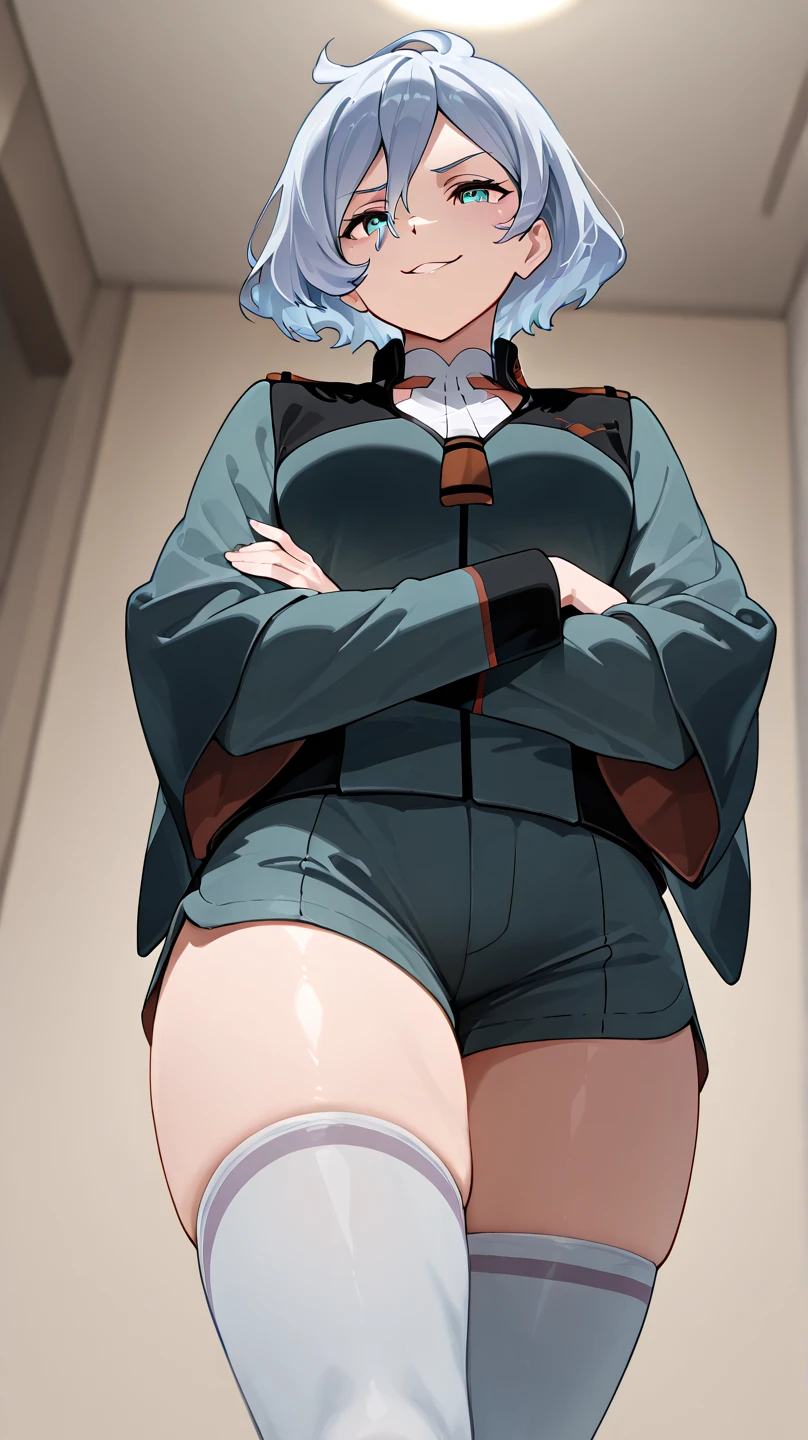 masterpiece, best quality, absurdres, perfect anatomy, 1girl, solo, Secelia Dote, short hair, SeceliaUniform, asticassia school uniform, partially unzipped, green shorts, white thighhighs, standing, smile, indoors, hands on hips, breasts