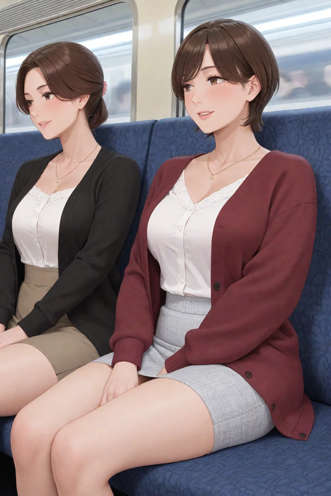 3 mature women, gigantic breasts, microskirt, cropped tops, underboob, fullbody shot, sitting on bench, leg apart, front view from below