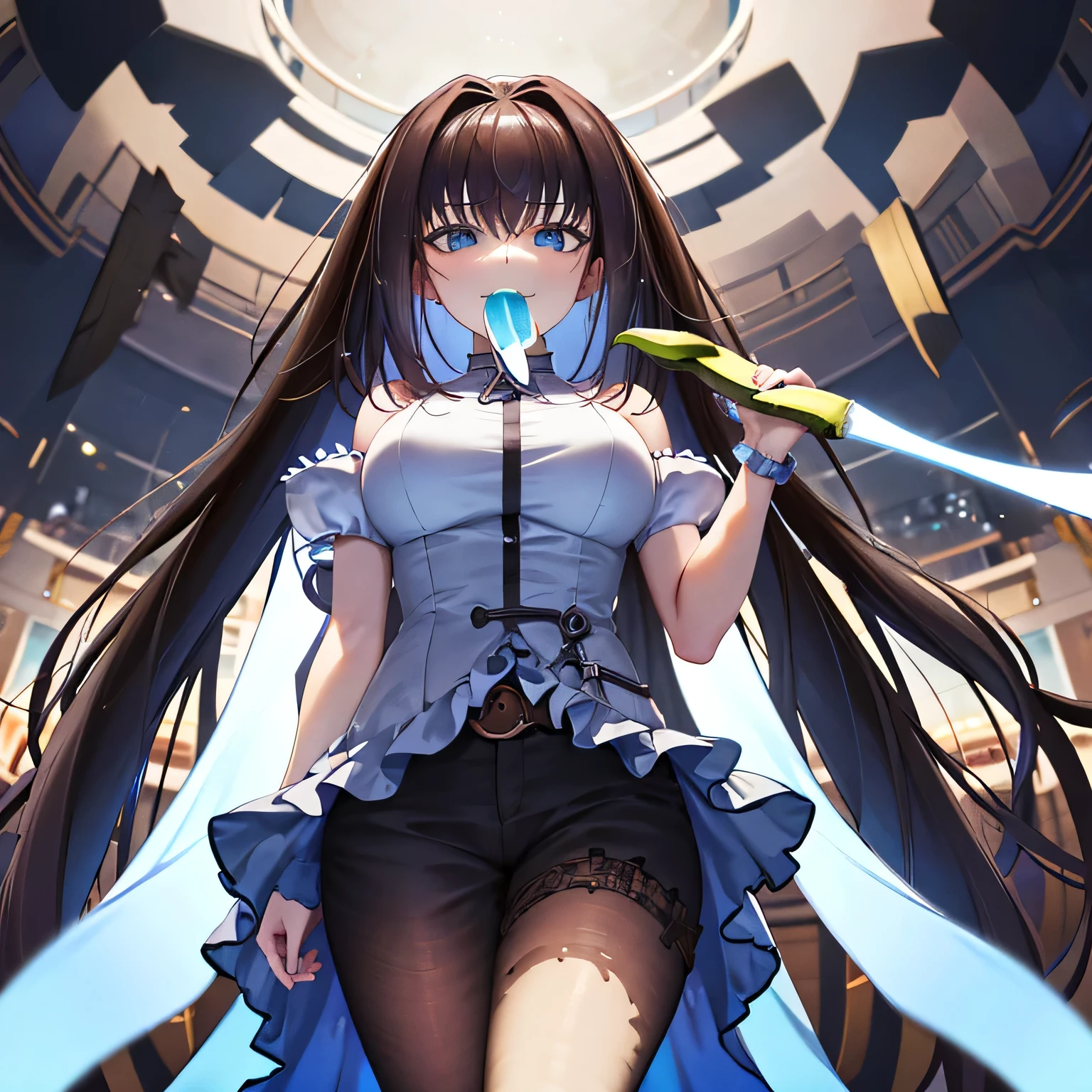 She is holding a banana with its peel partially removed, revealing the white fruit inside. She is eating the exposed white part. dark hair, long hair, blue eyes.