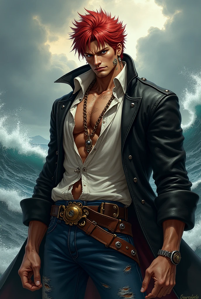 Vinsmoke Sanji from anime,1boy, looking at viewer, high-tech clothes, standing pose, from below, fantasy, high contrast, ink strokes, explosions, over exposure, impression , abstract, ((watercolor painting by John Berkey and Jeremy Mann)), brush strokes, negative space, good anatomy, good proportions, good architecture, realistic:1.25, cantered, high detail, high resolution, 8k, stunning, mascular body, Style-Hamunaptra:0.4,