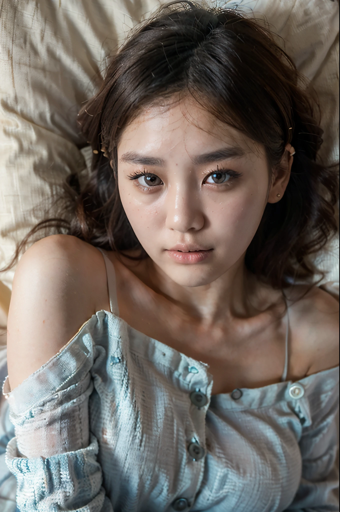 top-quality close-up portrait, movie poster style, ((Beautiful korean girl, wearing thin big sized button pajamas, oversized, longsleeve, cotton, bottomless):1.5), bewitching face, ((idols likeness):1.4), ((beautiful detailed eyes, round big eyes, beautiful detailed lips, sharp nose, extremely detailed face, round face shape, brunette hair, short hair):1.3), ((Elegant looks:1.3)), mesmerizing expression, allure gaze, ((slim body, firm body posture, natural breast up, soft and fair skin, natural skin tone):1.4), ((attractive girls, sleep pose, lying on the bed, head on pillow):1.42), (((expose right shoulder):1.5)), Detailed smooth photorealistic, stares at the camera, ((classical bedroom background, dark atmosphere):1.3), ((soft colors, cinematic lighting, photon mapping, intricate details, perfect composition, artistic photograph, 8k, HDR, smooth photorealistic, masterpiece):1.3), ((high angle, seen from over the top):1.2))