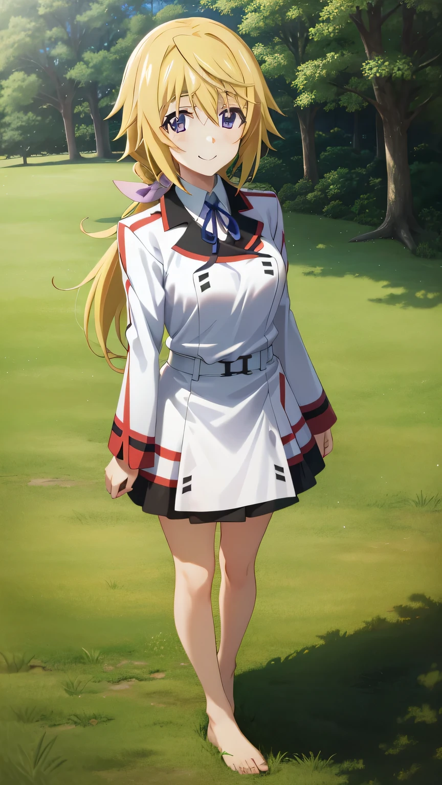 {{{masterpiece}}}, (best quality:1.5), (ultra-detailed:1.5), {illustration}, {{an extremely delicate and beautiful}}, (beautiful detailed eyes:1.6), absurdres, highres, extremely detailed face, 16k, hd, visual anime de uma jovem mulher, extremamente bonito rosto de anime, anime melhor garota, (perfect hands, perfect anatomy), anime face, sd1, charlotte dunois(Infinite Stratos), 1girl, solo, cute face, long hair, blonde hair, pink hair ribbon, hair between eyes, (purple eyes:1.2), ponytail, yellow pendant, medium breasts, big hips, curvaceous, BREAK, {school uniform}, military uniform, (white military uniform:1.5), long sleeves, (white sleeves:1.5), blue neck ribbon, white belt, microskirt, white skirt, barefoot, BREAK, cute face, smiling, standing, lake, from above, outdoor, mountain, forest, flower garden, praying, mysterious